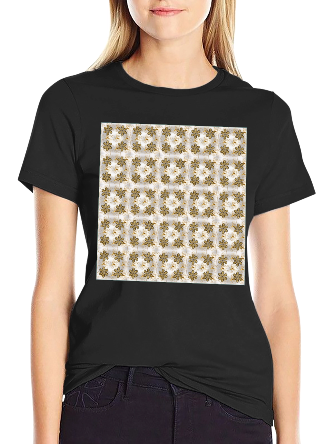 Floral Pattern Print Black T-Shirt