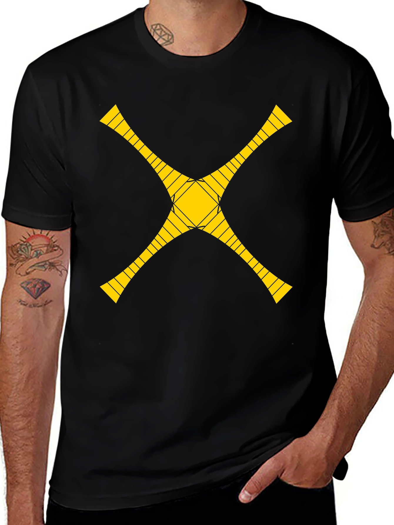 Geometric Yellow Cross Graphic Black T-Shirt