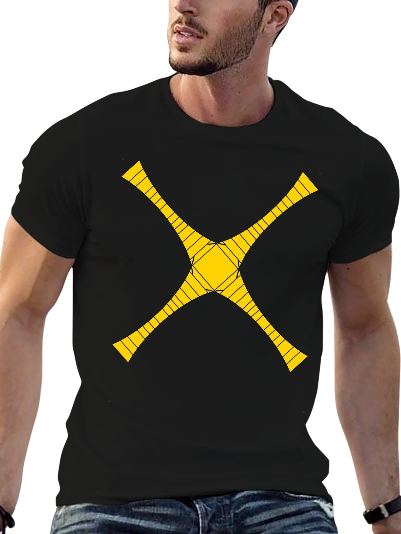 Geometric Yellow Cross Graphic Black T-Shirt