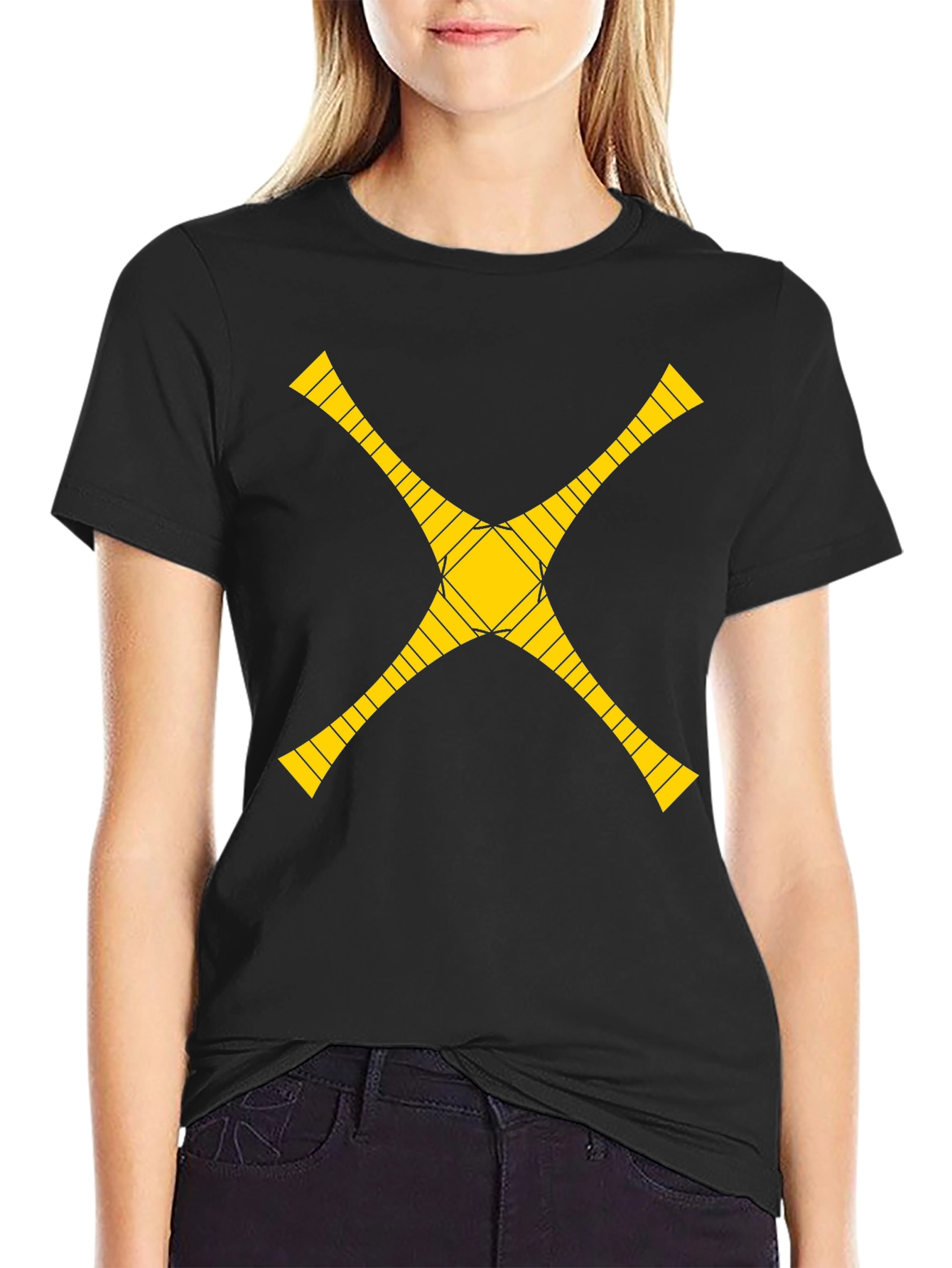 Geometric Yellow Cross Graphic Black T-Shirt