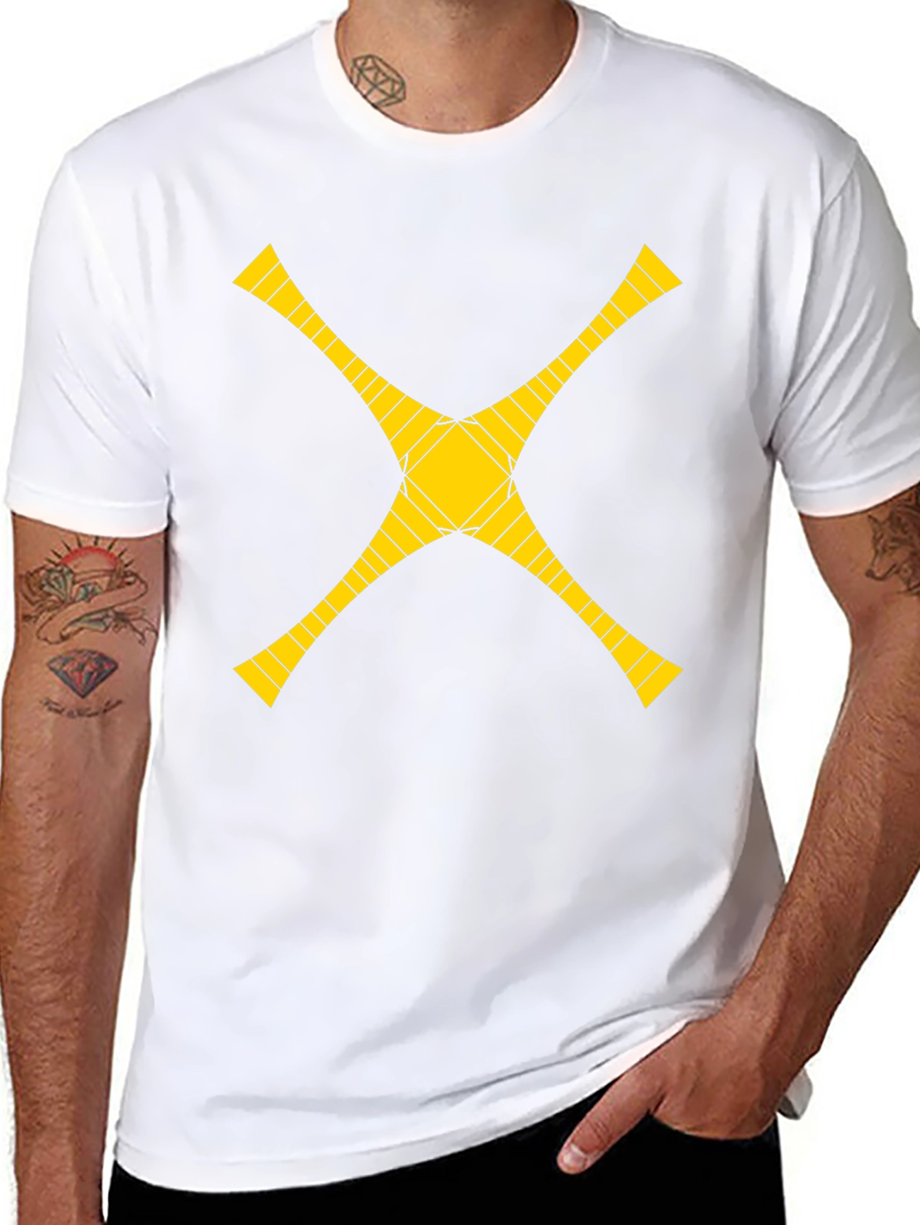 Geometric Yellow Cross Graphic Black T-Shirt