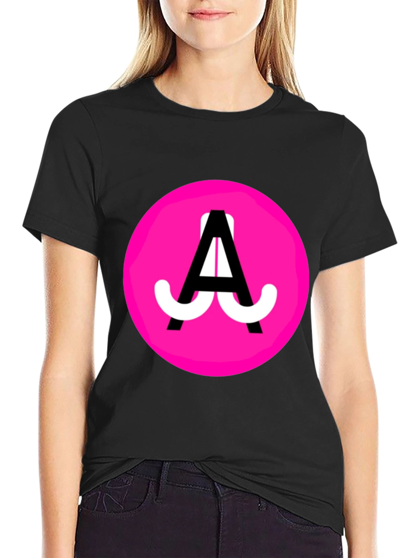 Funky Pink Circle Graphic Tee - Black Cotton Blend