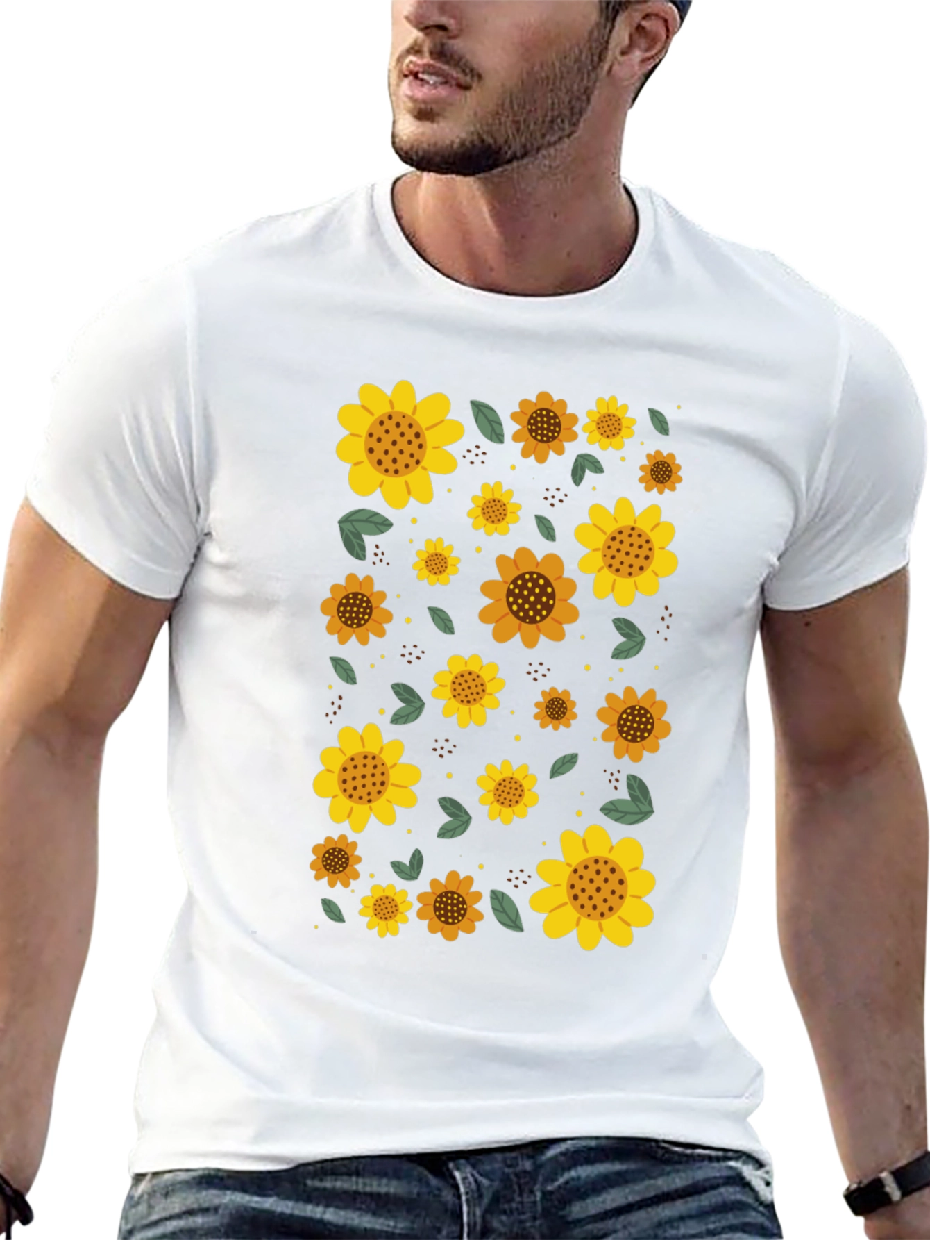 Sunflower Print Black Casual T-Shirt