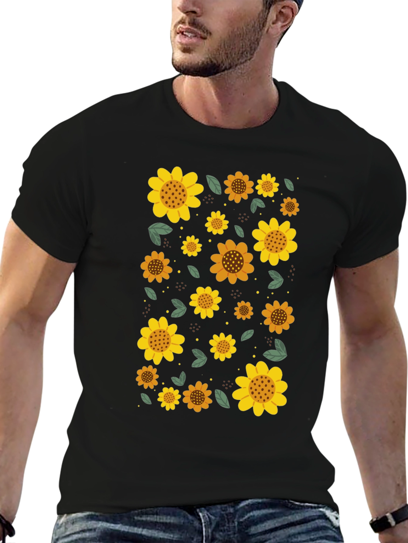 Sunflower Print Black Casual T-Shirt