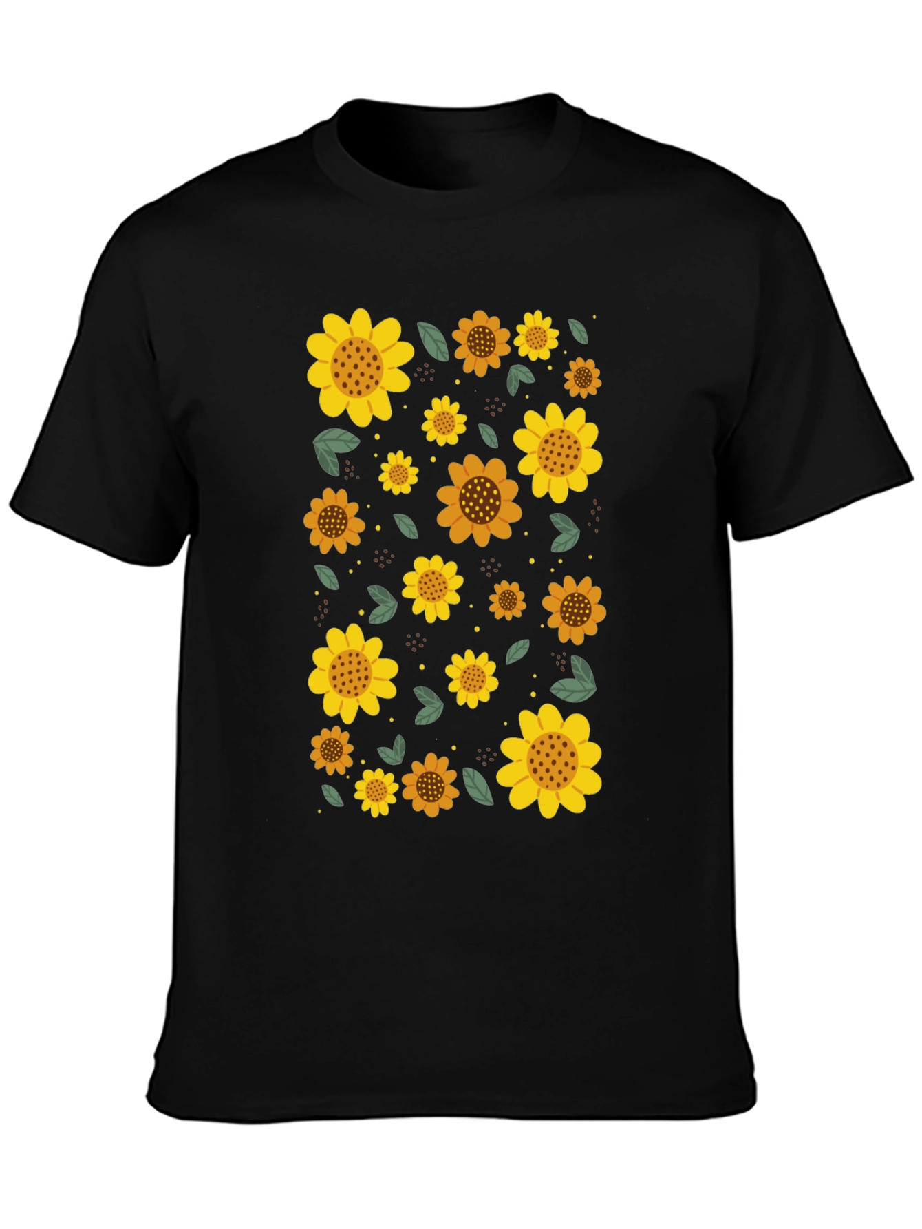 Sunflower Print Black Casual T-Shirt