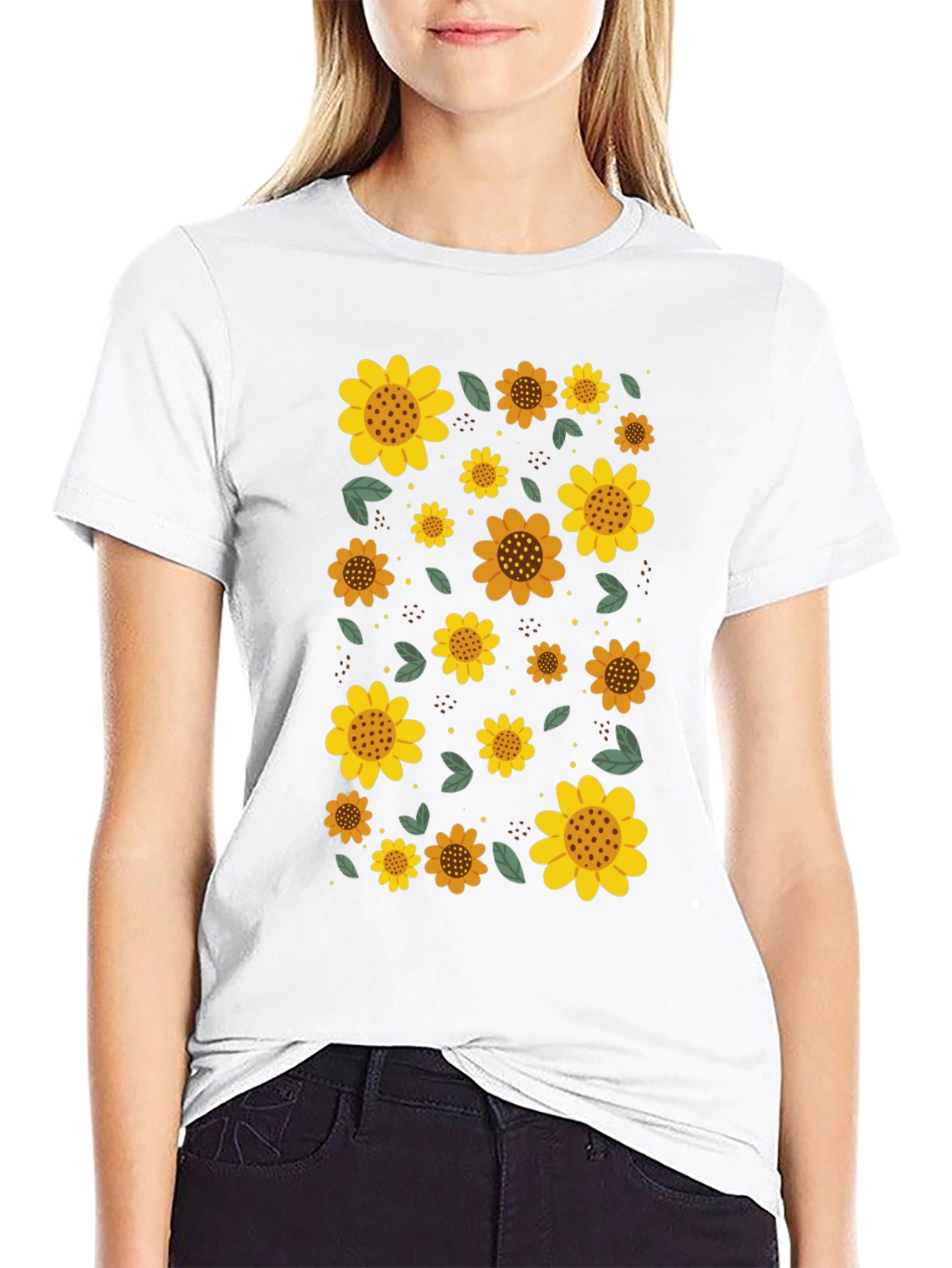 Sunflower Print Black Casual T-Shirt