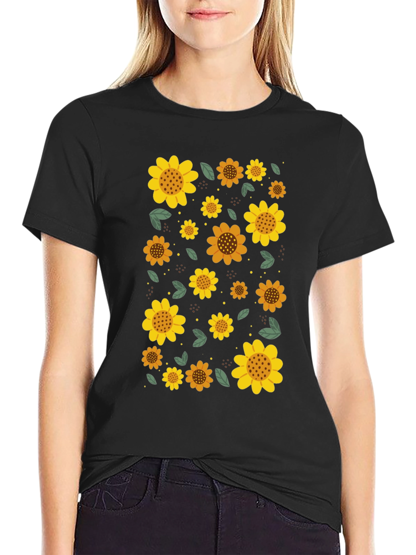 Sunflower Print Black Casual T-Shirt