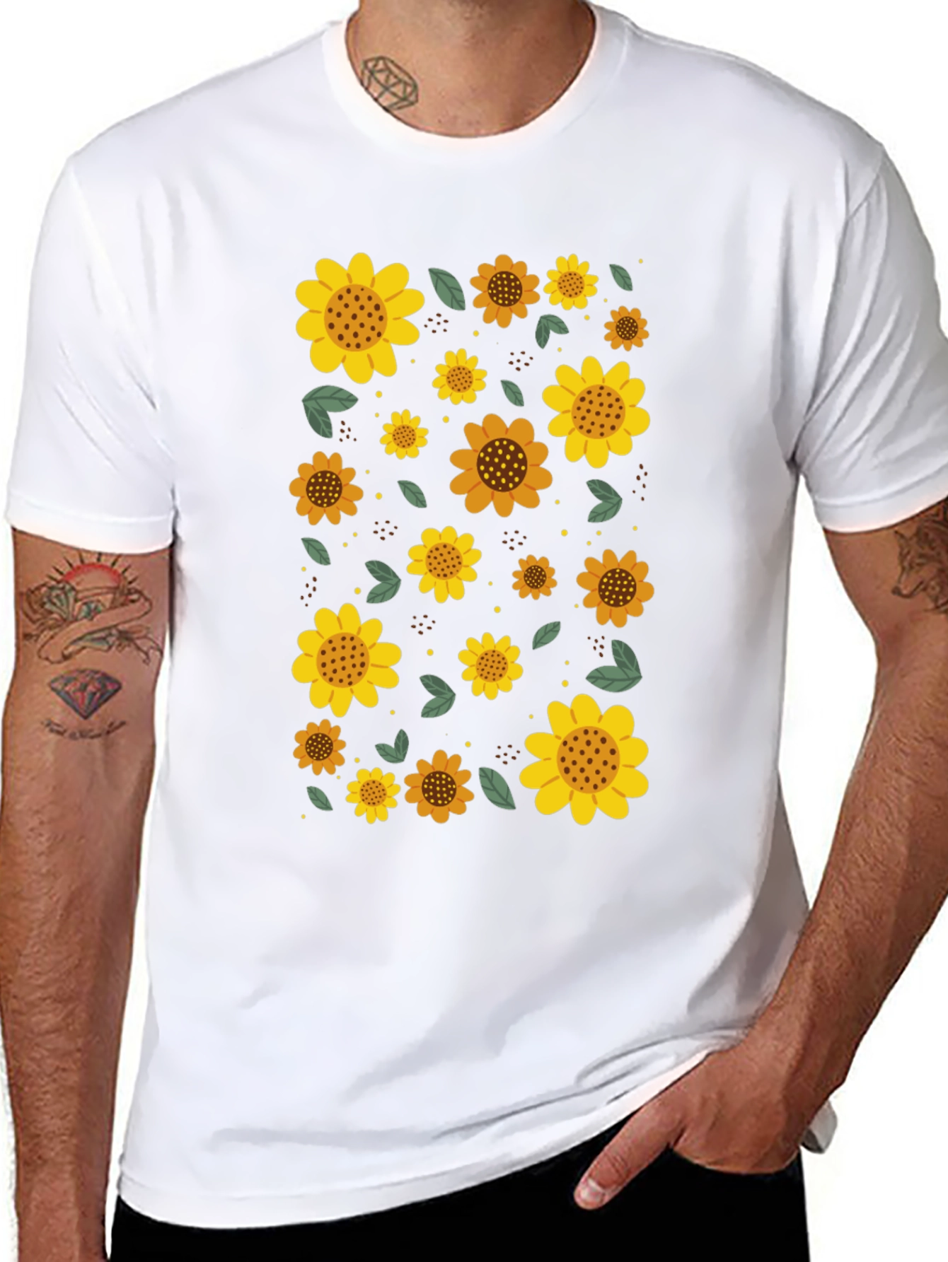 Sunflower Print Black Casual T-Shirt