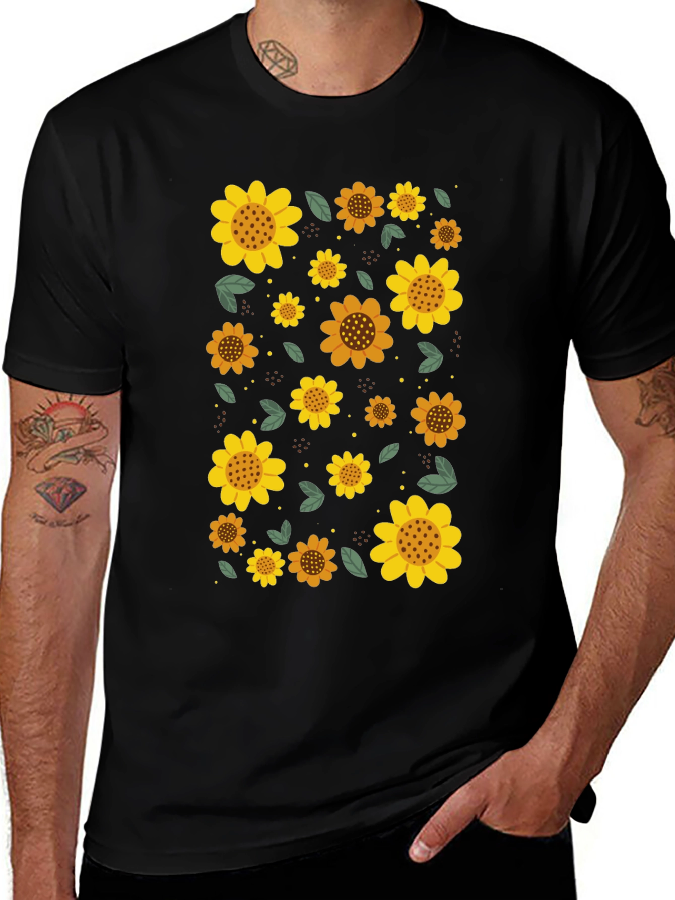Sunflower Print Black Casual T-Shirt