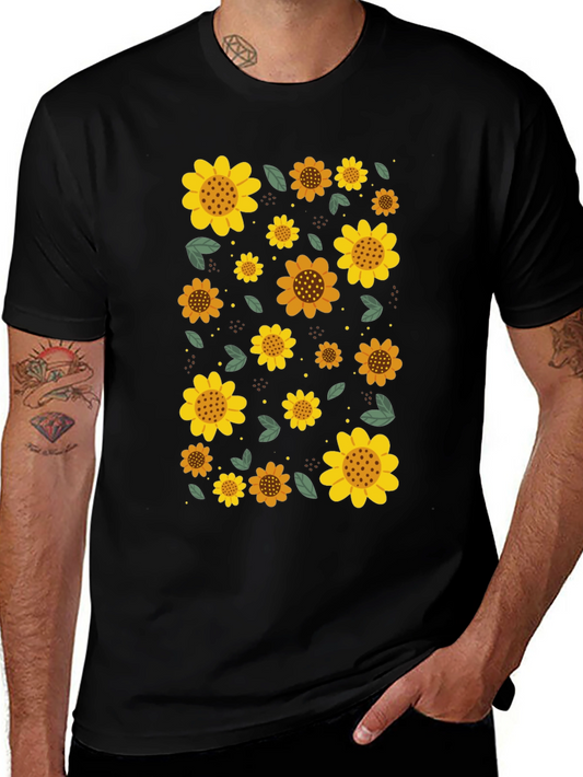 Sunflower Print Black Casual T-Shirt