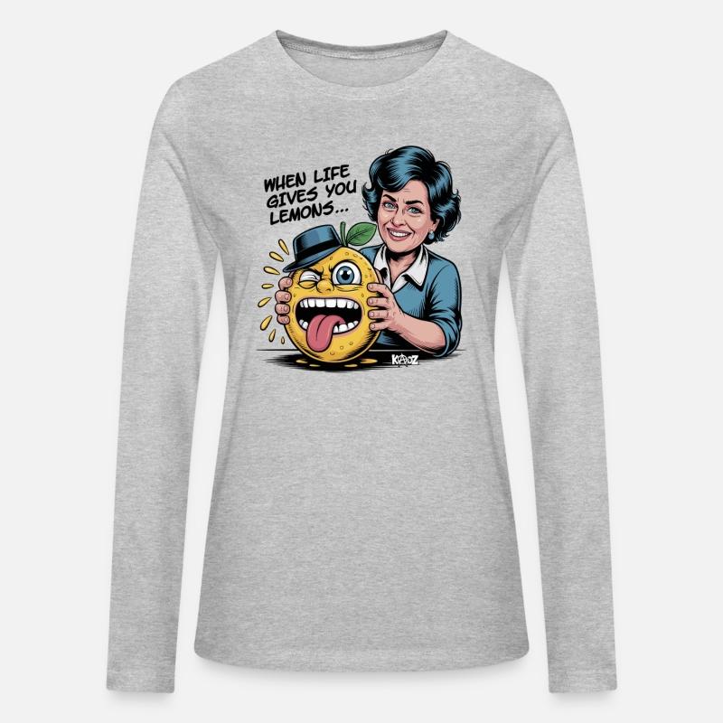 Smiling woman holding sour lemon cartoon face
