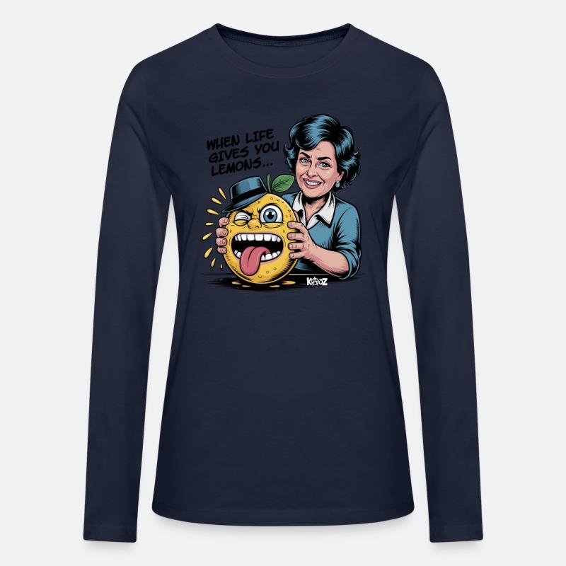 Smiling woman holding sour lemon cartoon face