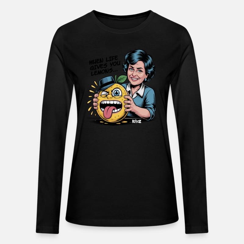 Smiling woman holding sour lemon cartoon face