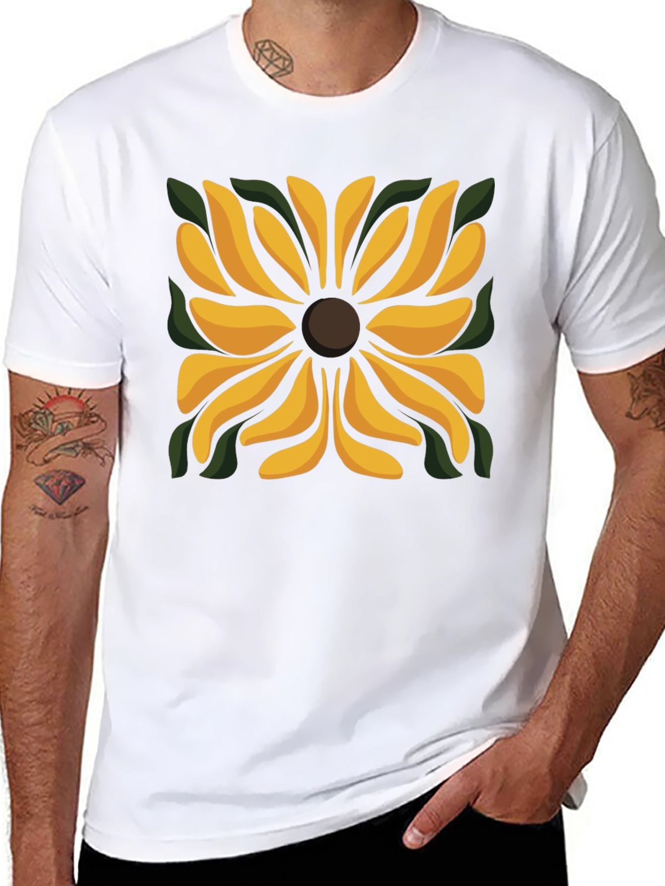 Black T-Shirt with Floral Square Design