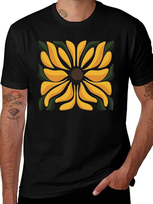 Black T-Shirt with Floral Square Design