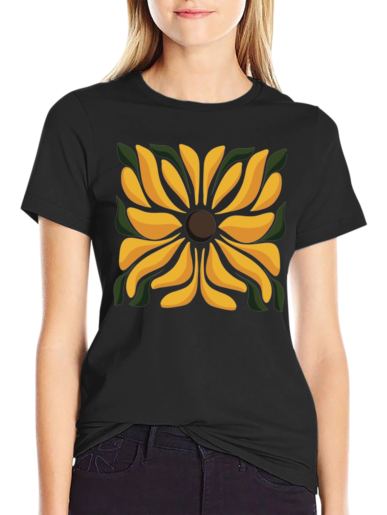 Black T-Shirt with Floral Square Design