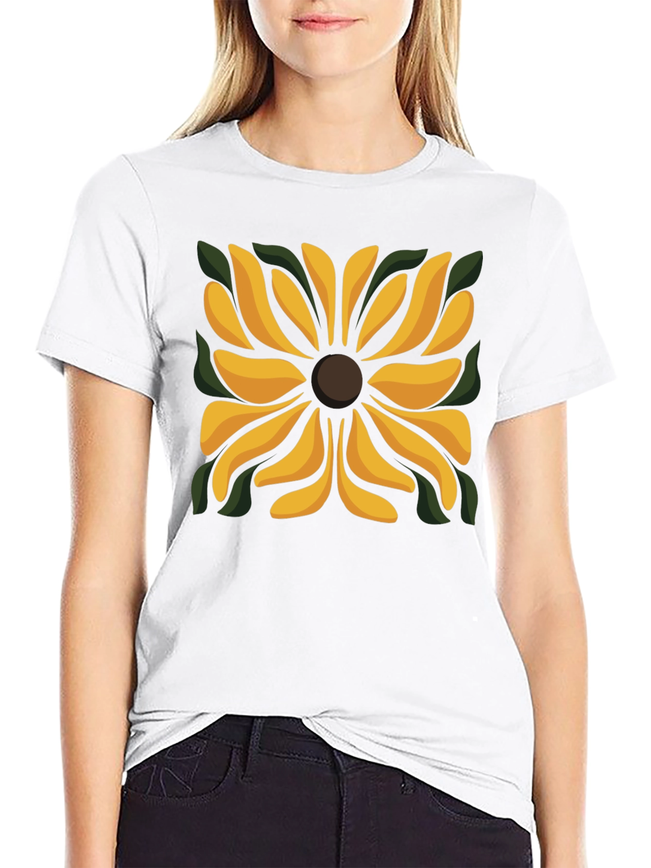 Black T-Shirt with Floral Square Design