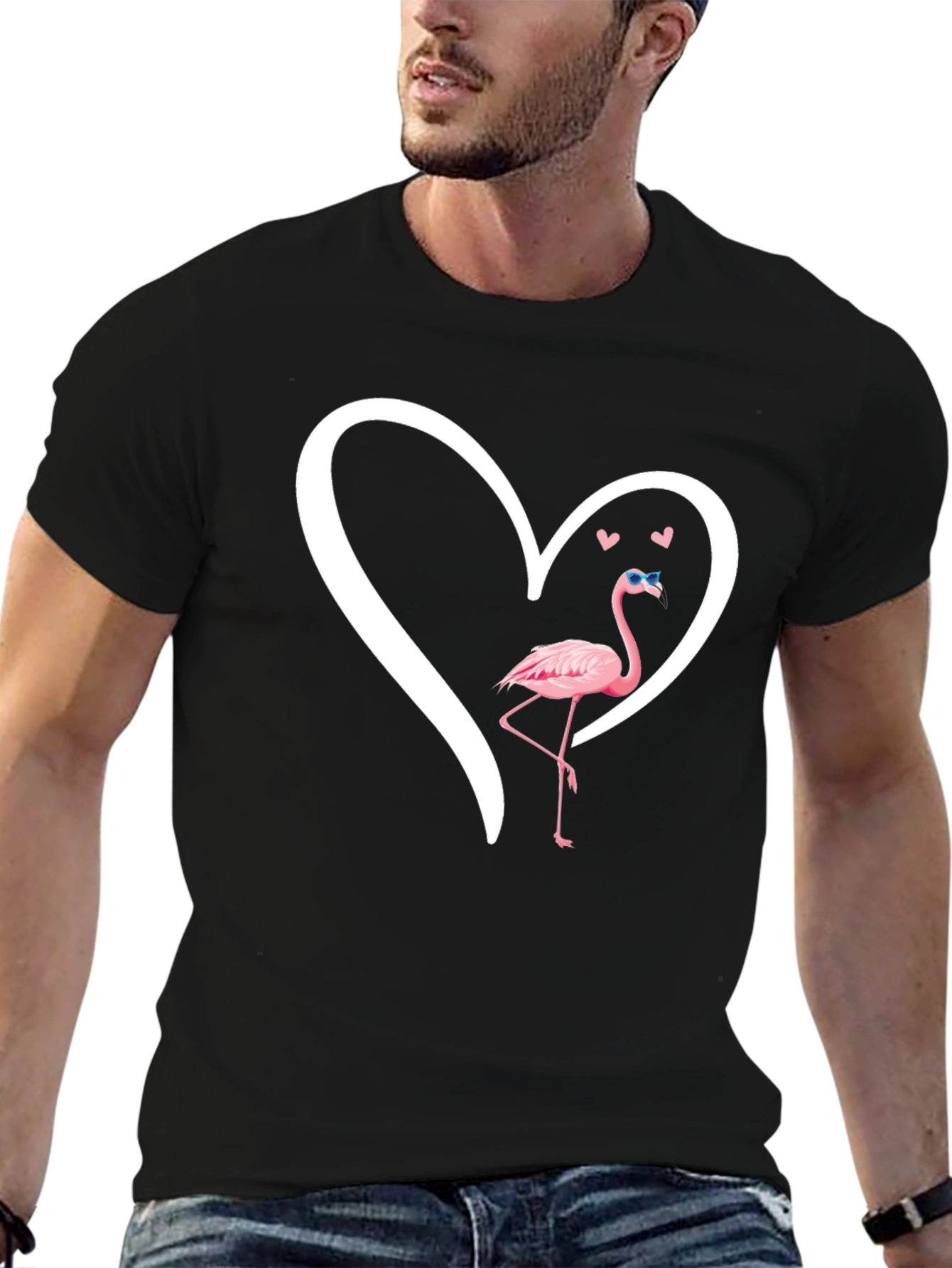 Flamingo Heart Graphic T-Shirt - Black Casual Tee