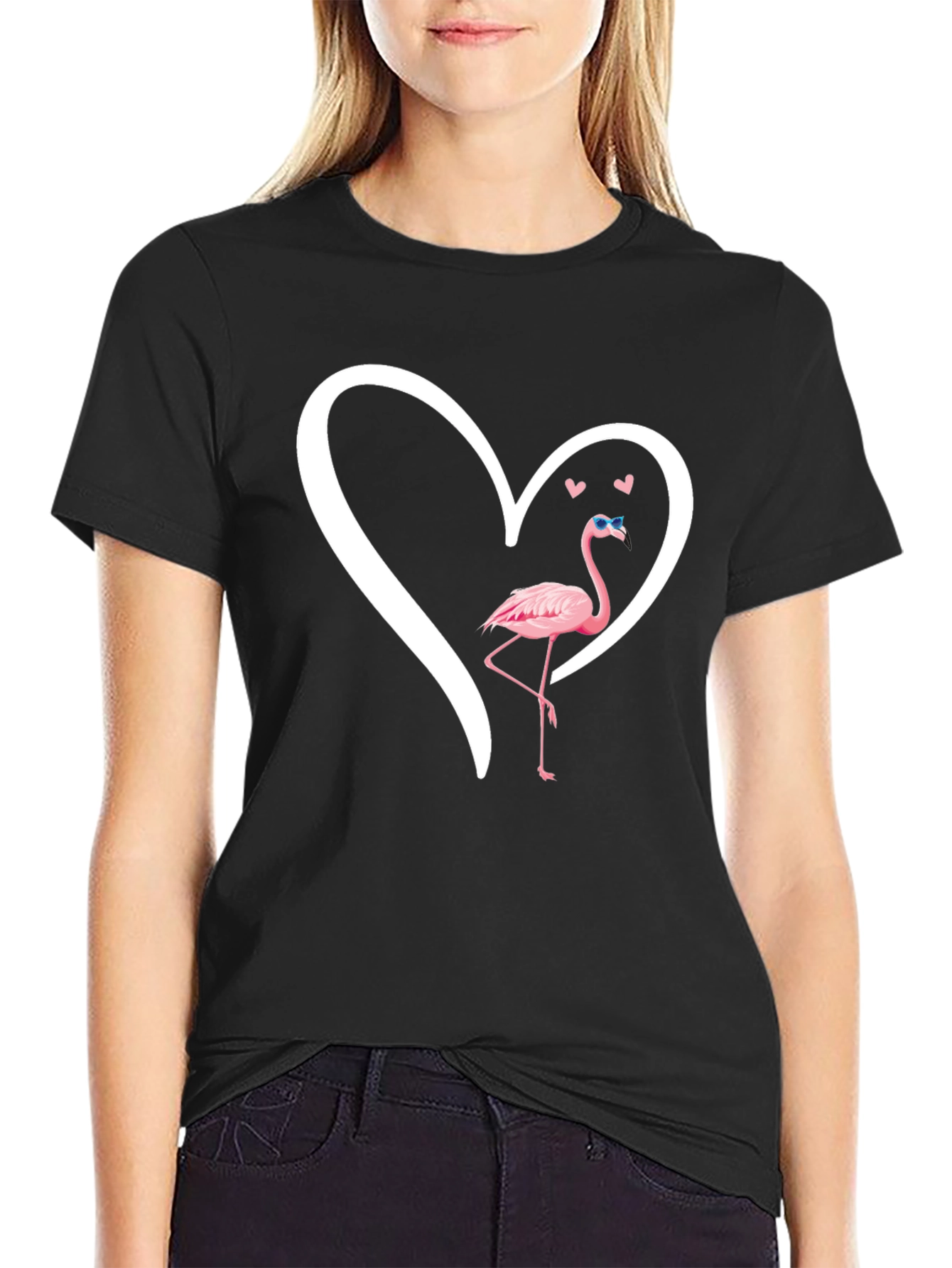 Flamingo Heart Graphic T-Shirt - Black Casual Tee
