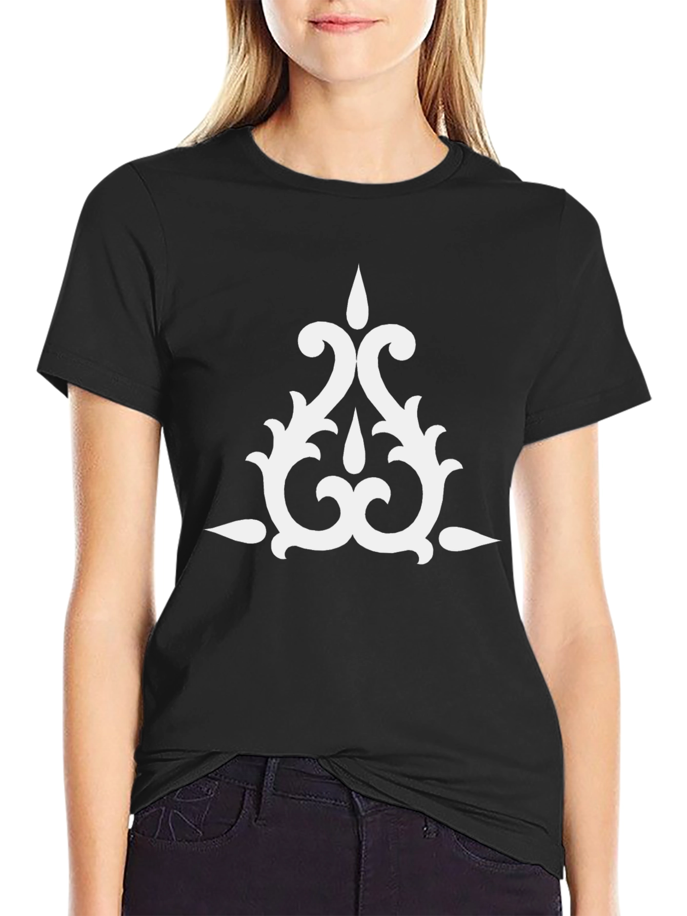 Elegant Black Tee with White Ornamental Design