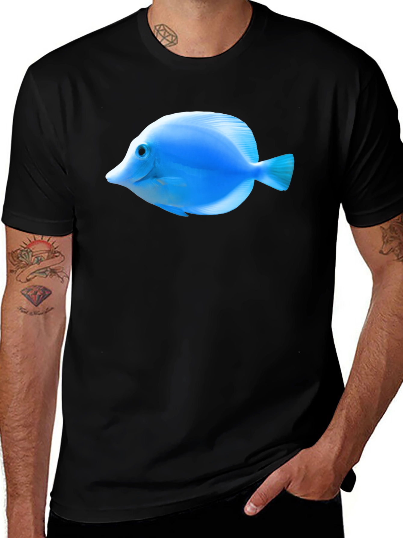 Blue Tang Fish Graphic Tee - Black Cotton T-Shirt