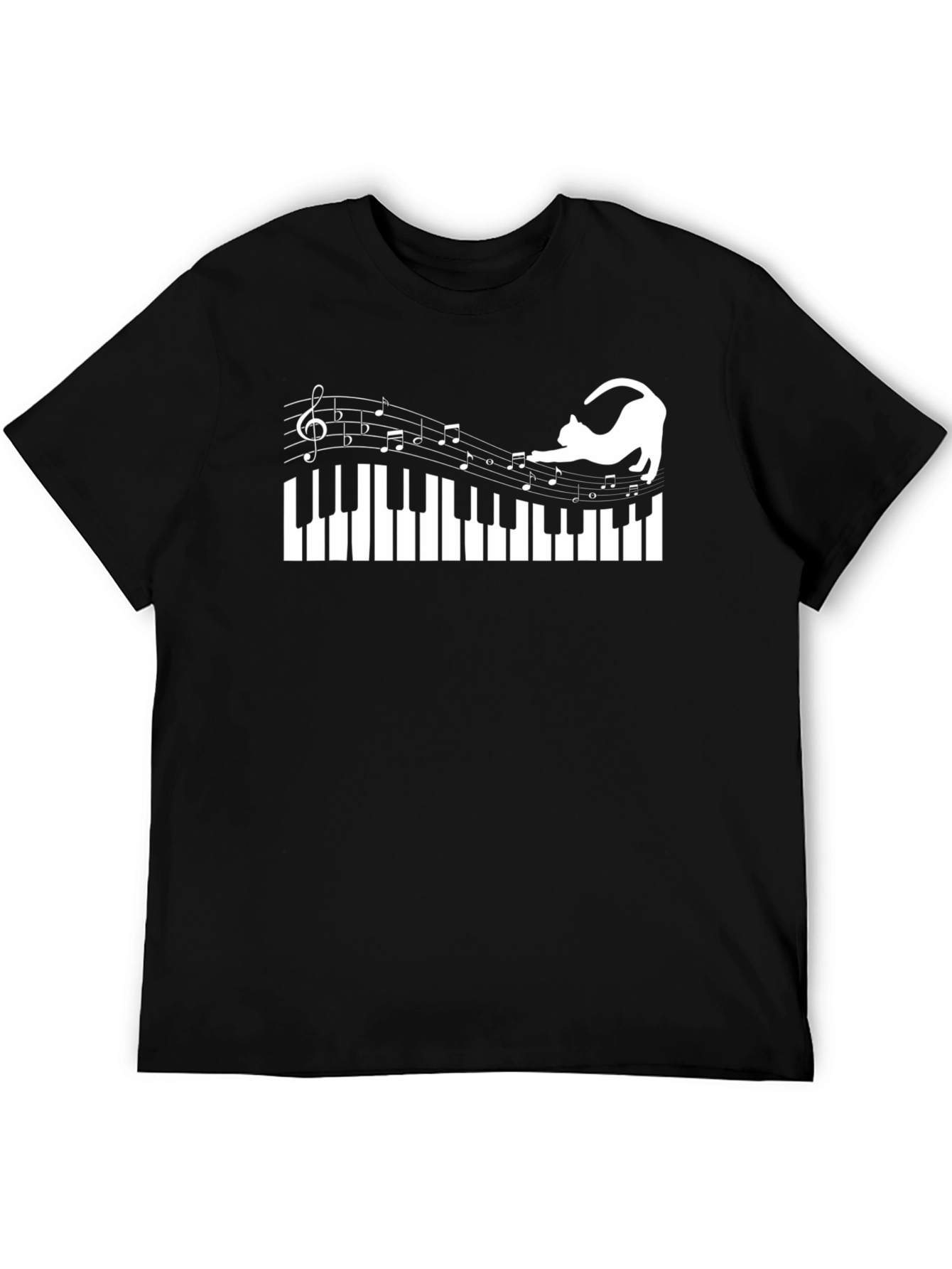 Cat Playing Piano Notes T-Shirt - Black