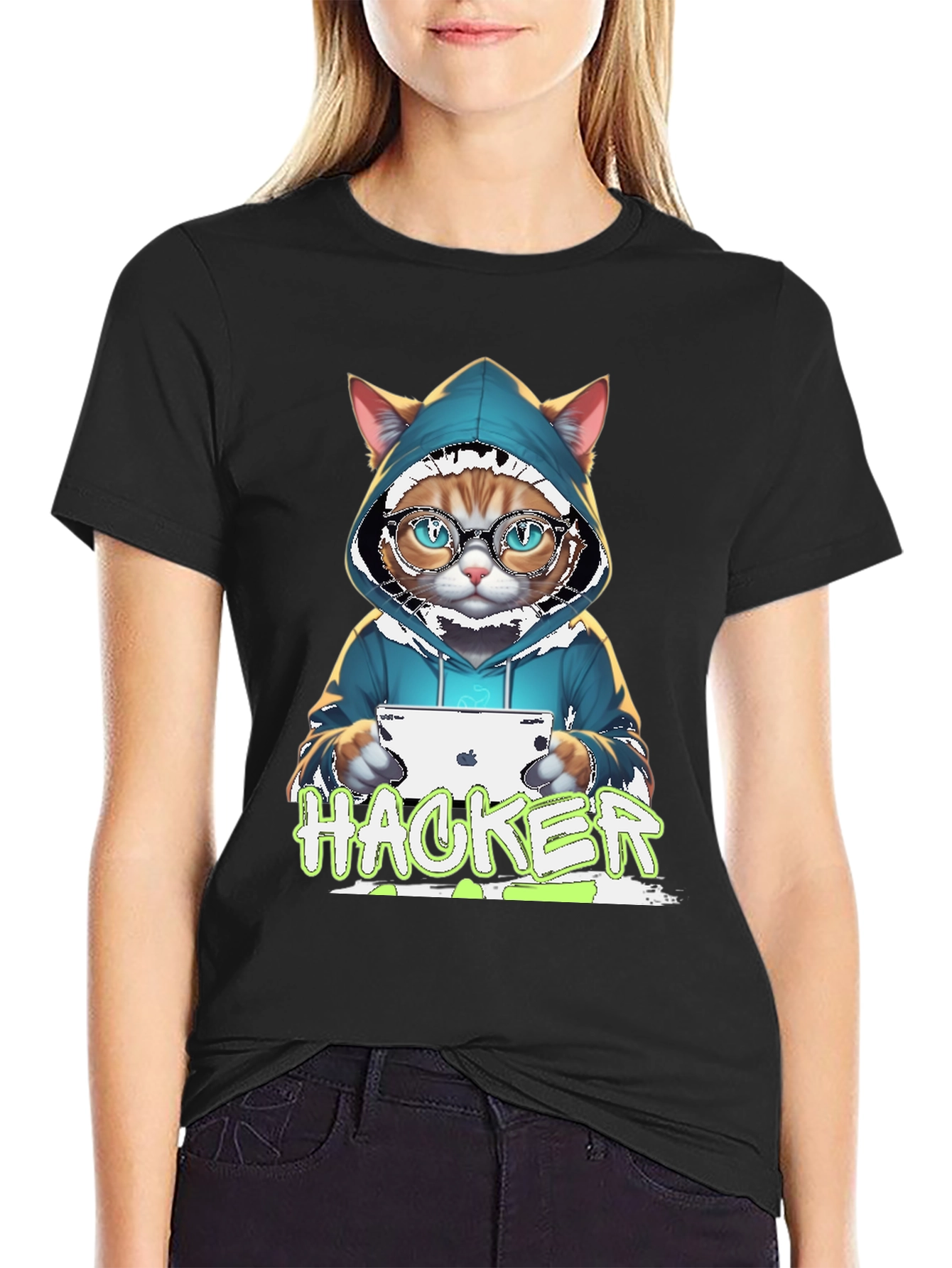 Hacker Cat Graphic Tee - Novelty T-Shirt