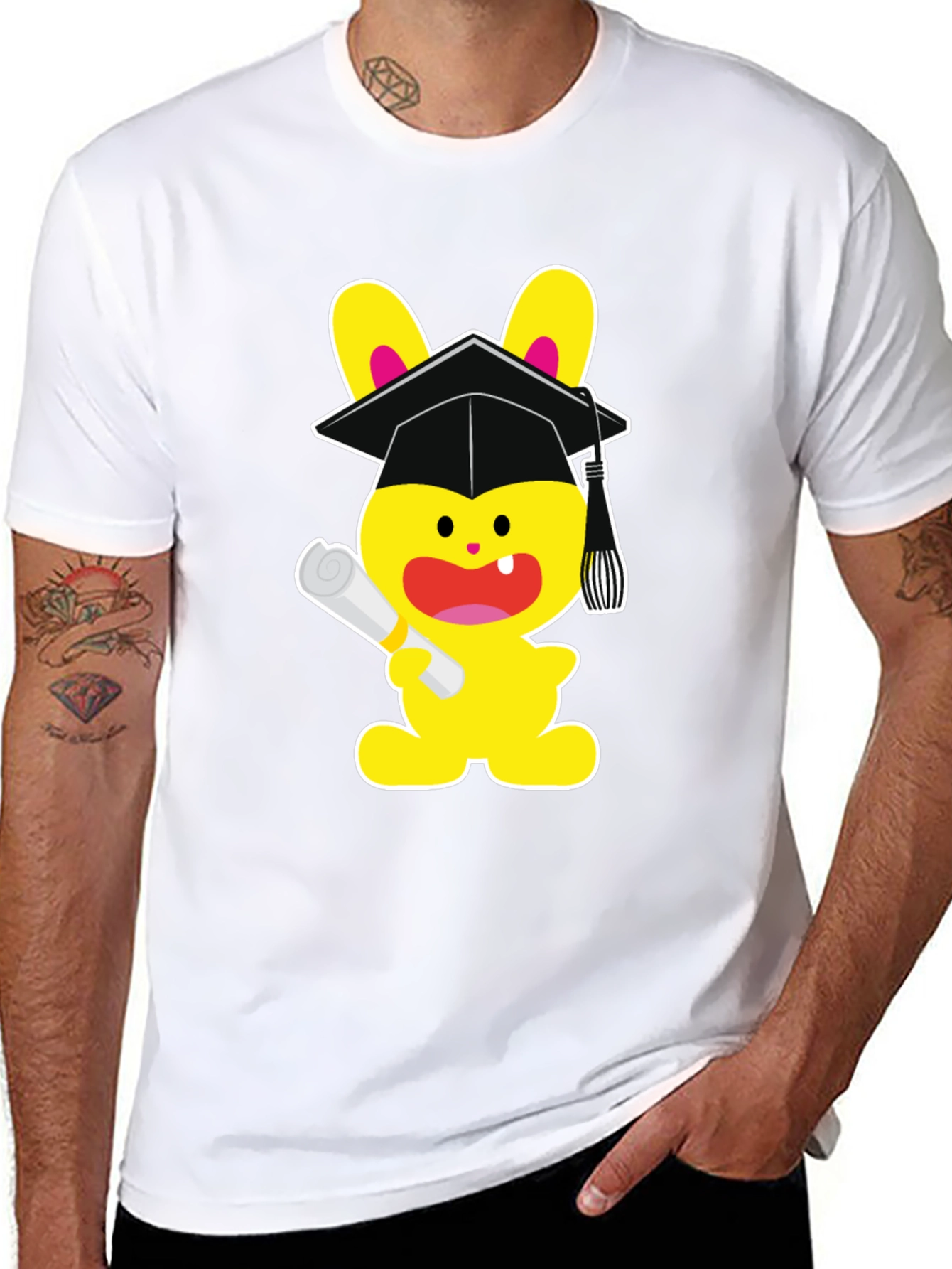 Graduation Bunny Graphic Tee - Black Cotton Blend