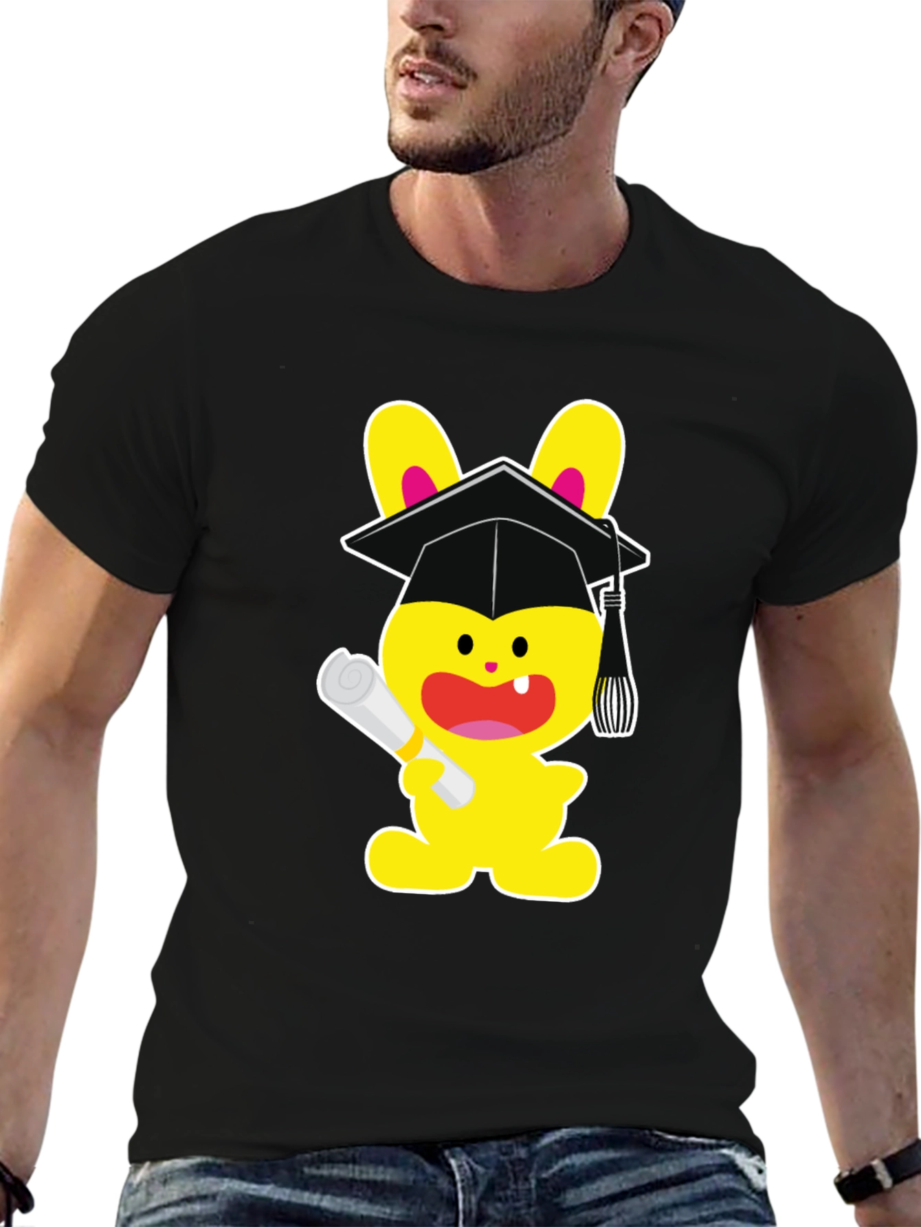 Graduation Bunny Graphic Tee - Black Cotton Blend