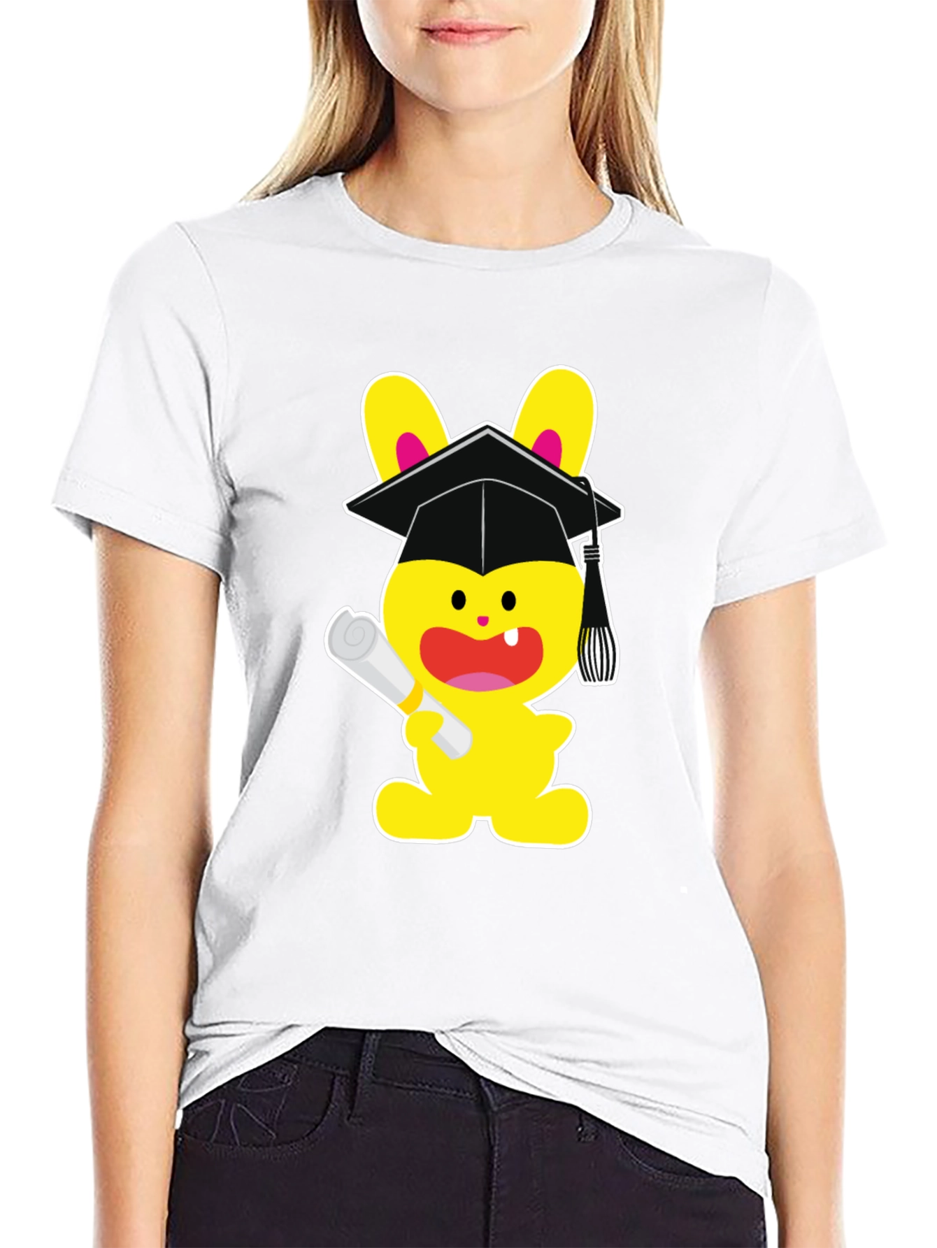 Graduation Bunny Graphic Tee - Black Cotton Blend