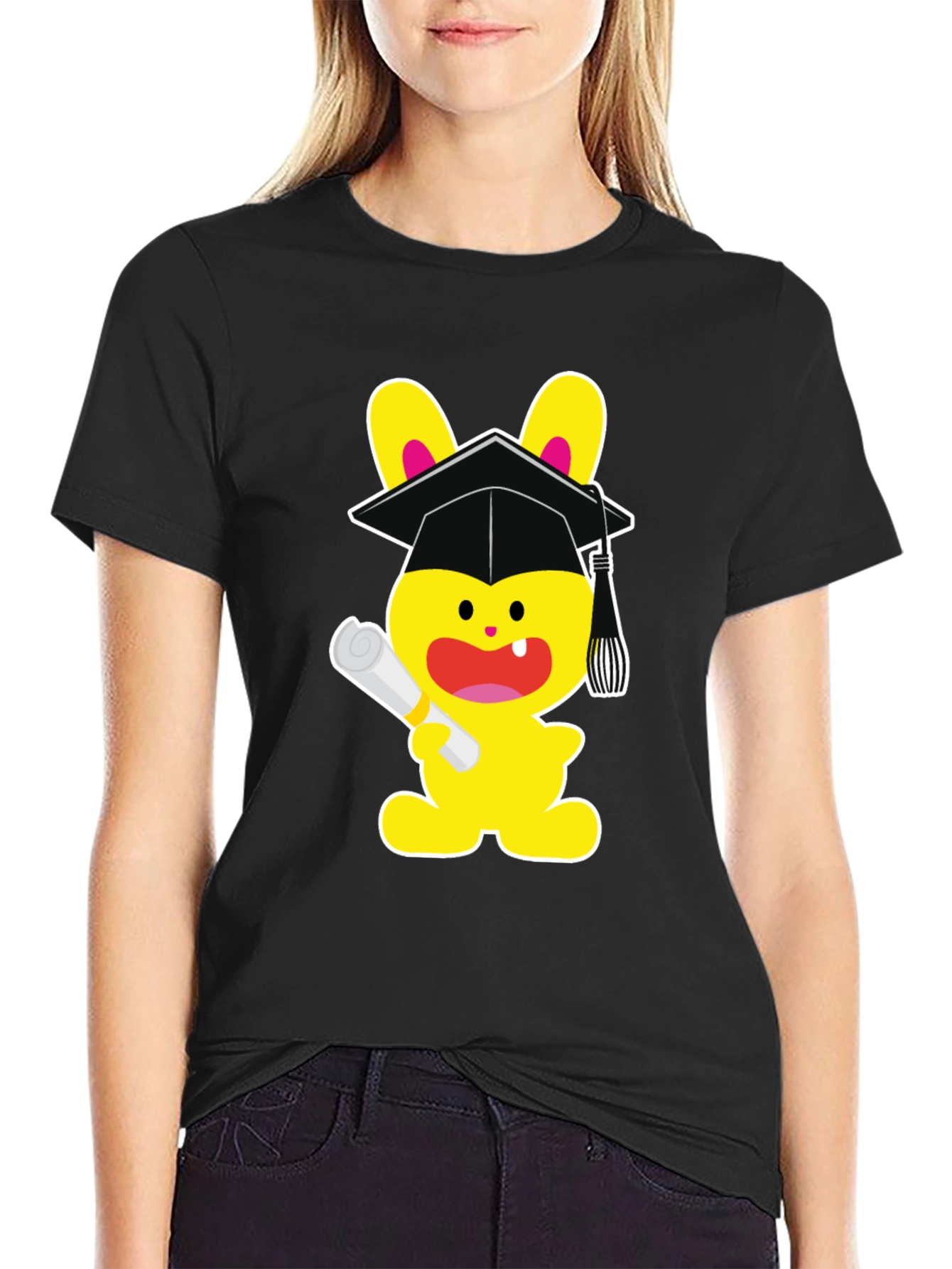 Graduation Bunny Graphic Tee - Black Cotton Blend
