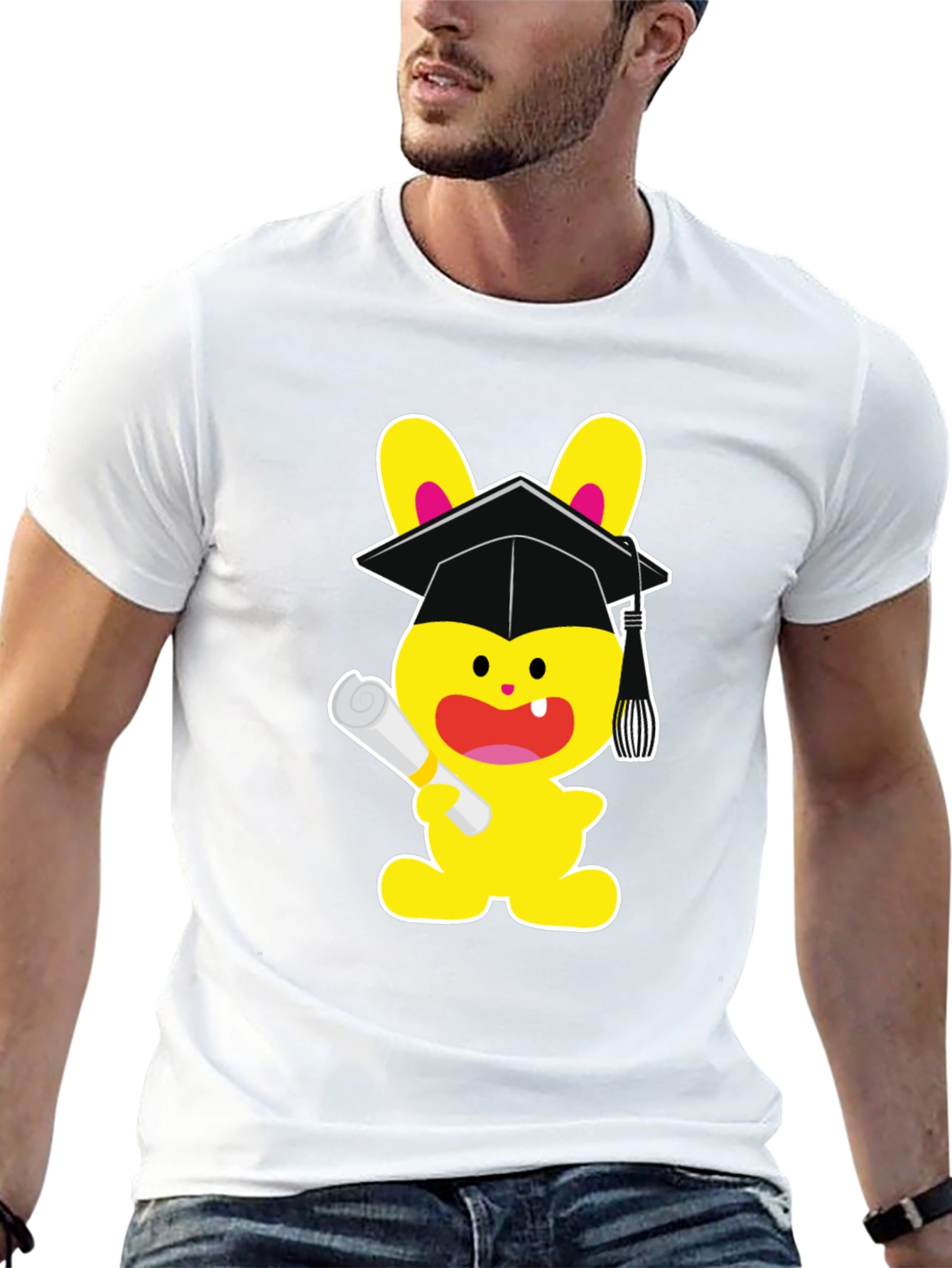 Graduation Bunny Graphic Tee - Black Cotton Blend