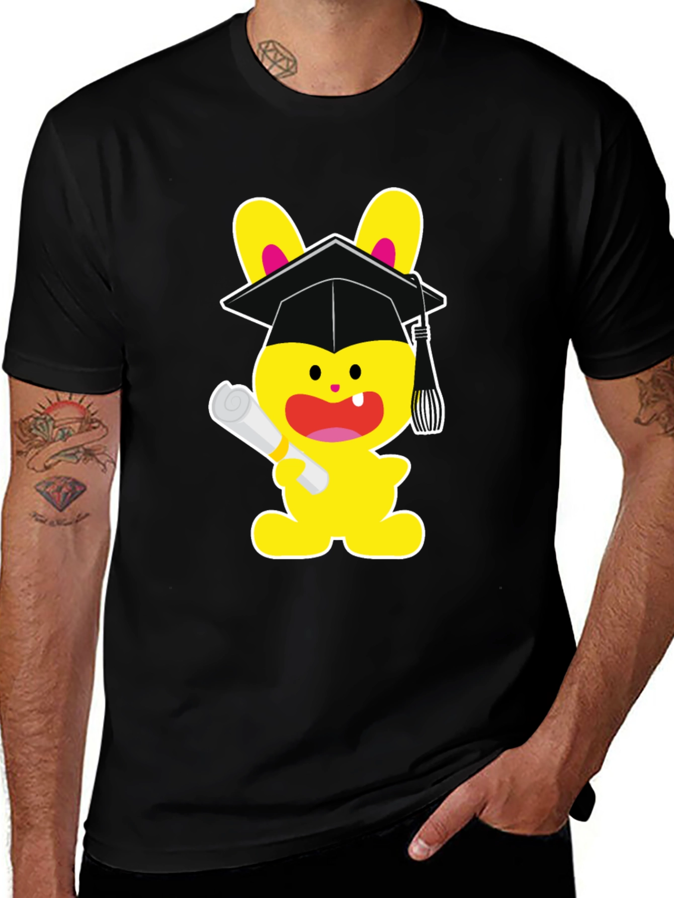Graduation Bunny Graphic Tee - Black Cotton Blend