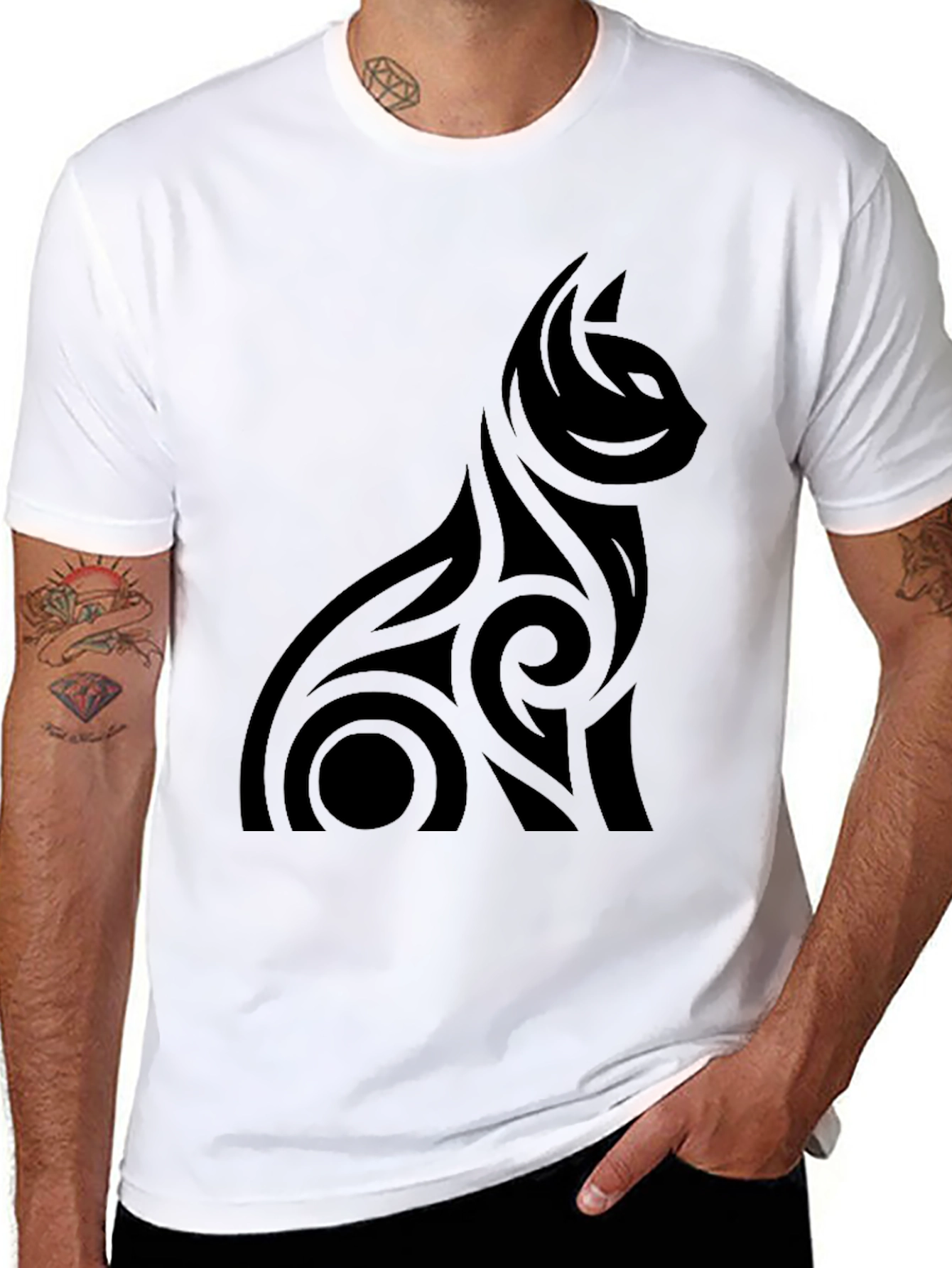 Mens Black Tribal Cat Graphic Tee