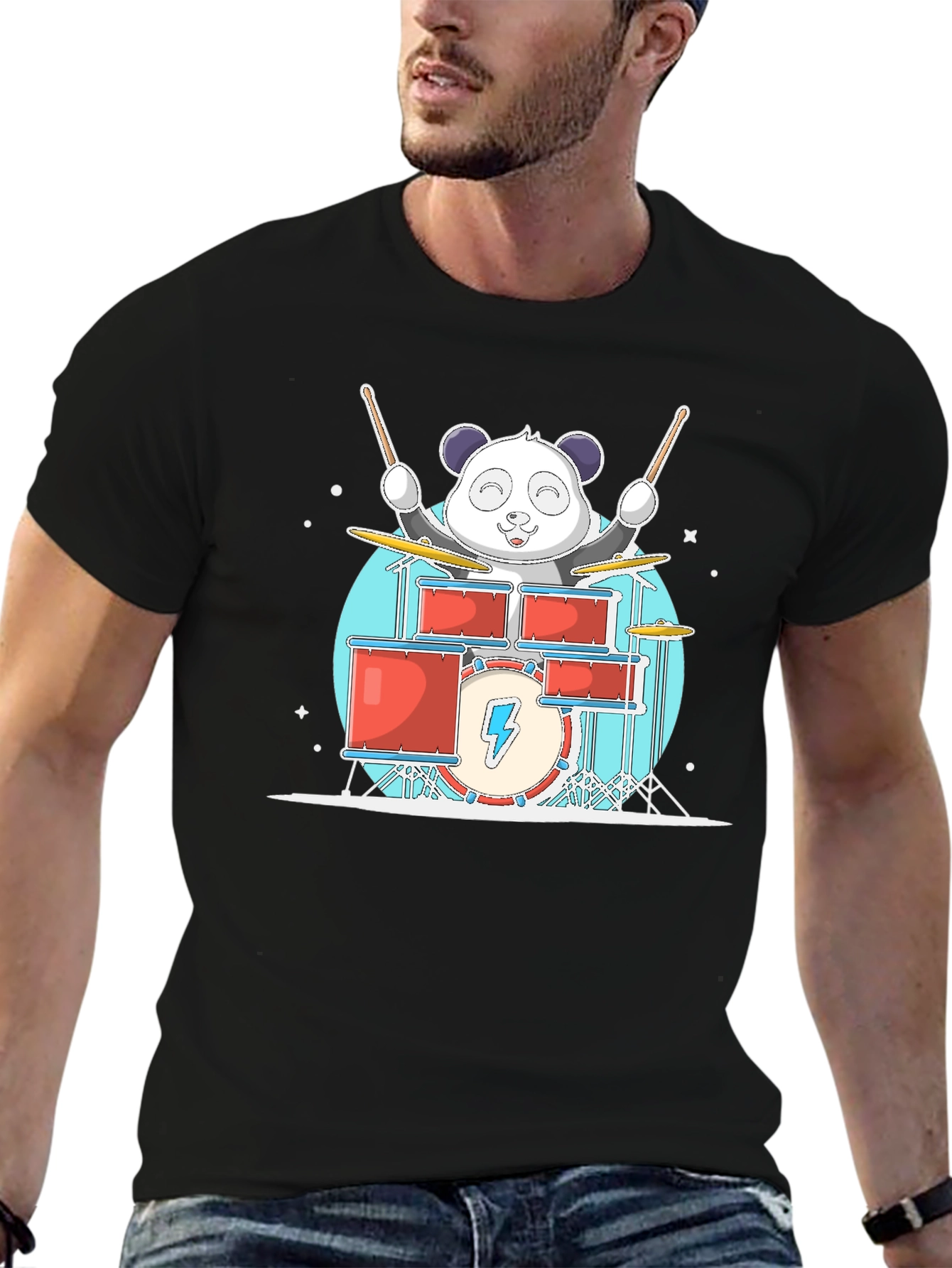Panda Drummer T-Shirt - Black Cotton Tee