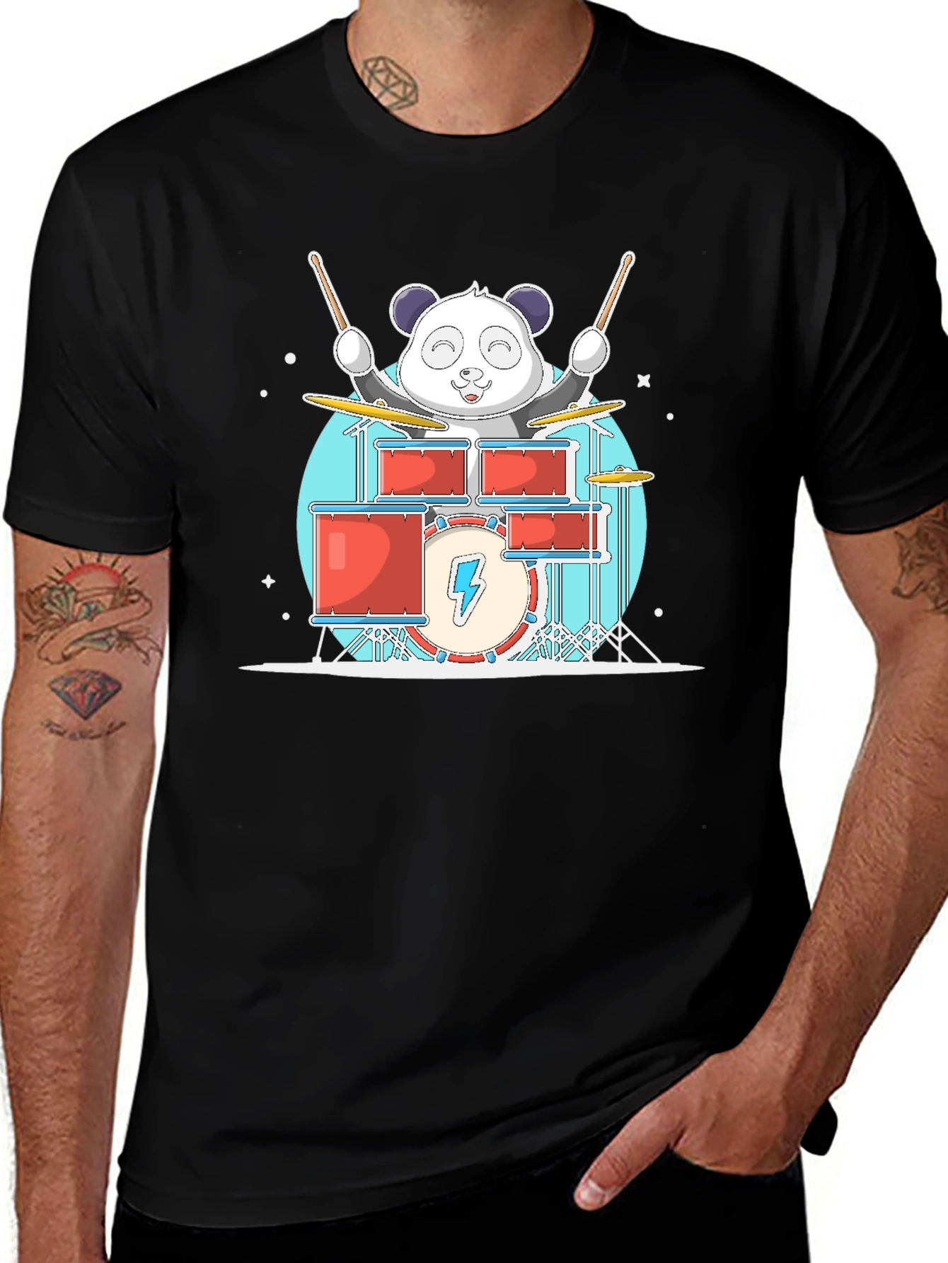 Panda Drummer T-Shirt - Black Cotton Tee