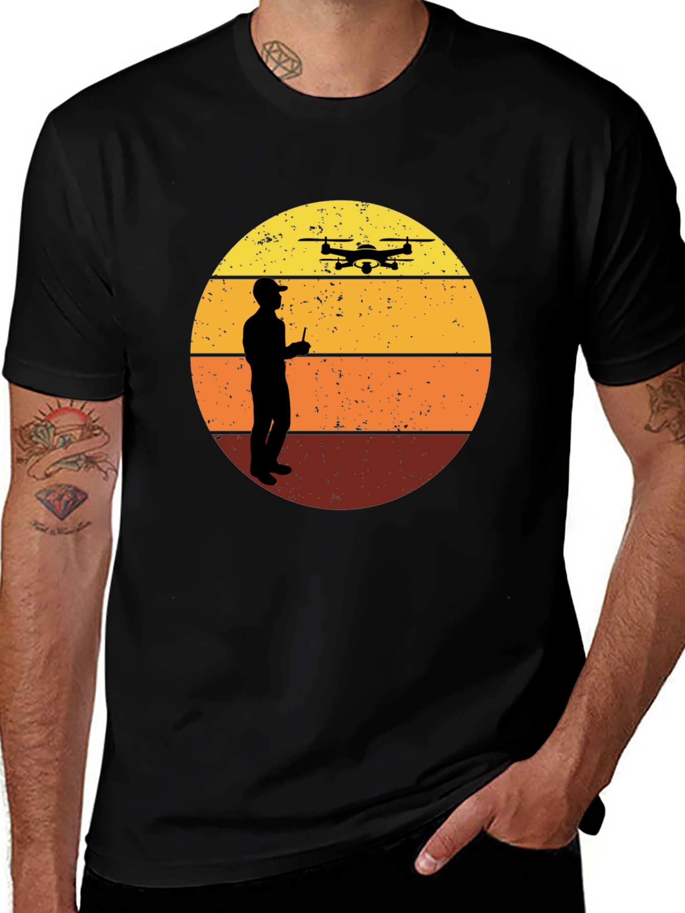 Retro Drone Pilot Graphic Tee - Black Crew Neck