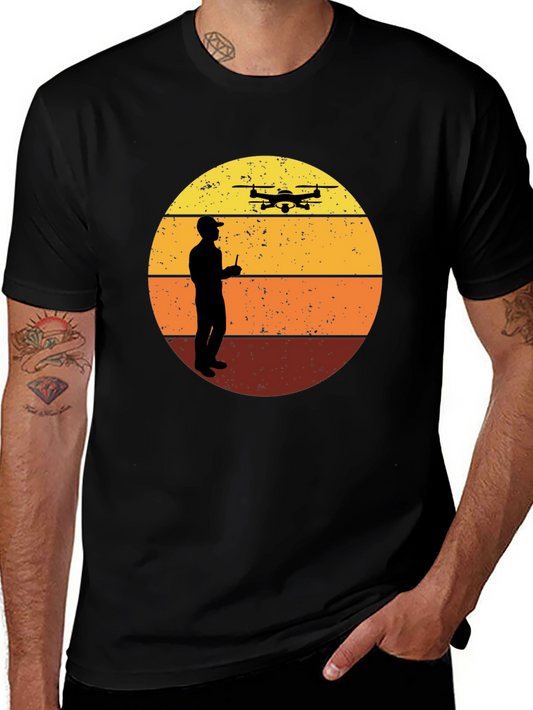 Retro Drone Pilot Graphic Tee - Black Crew Neck