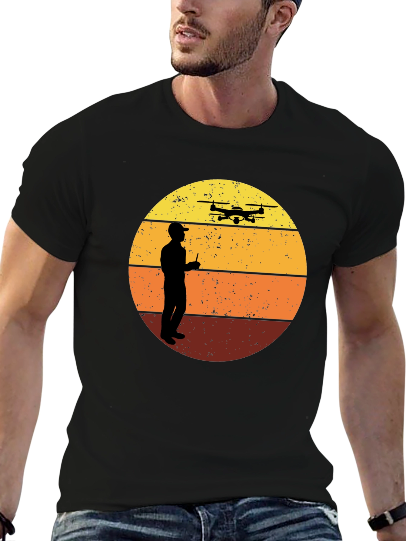 Retro Drone Pilot Graphic Tee - Black Crew Neck