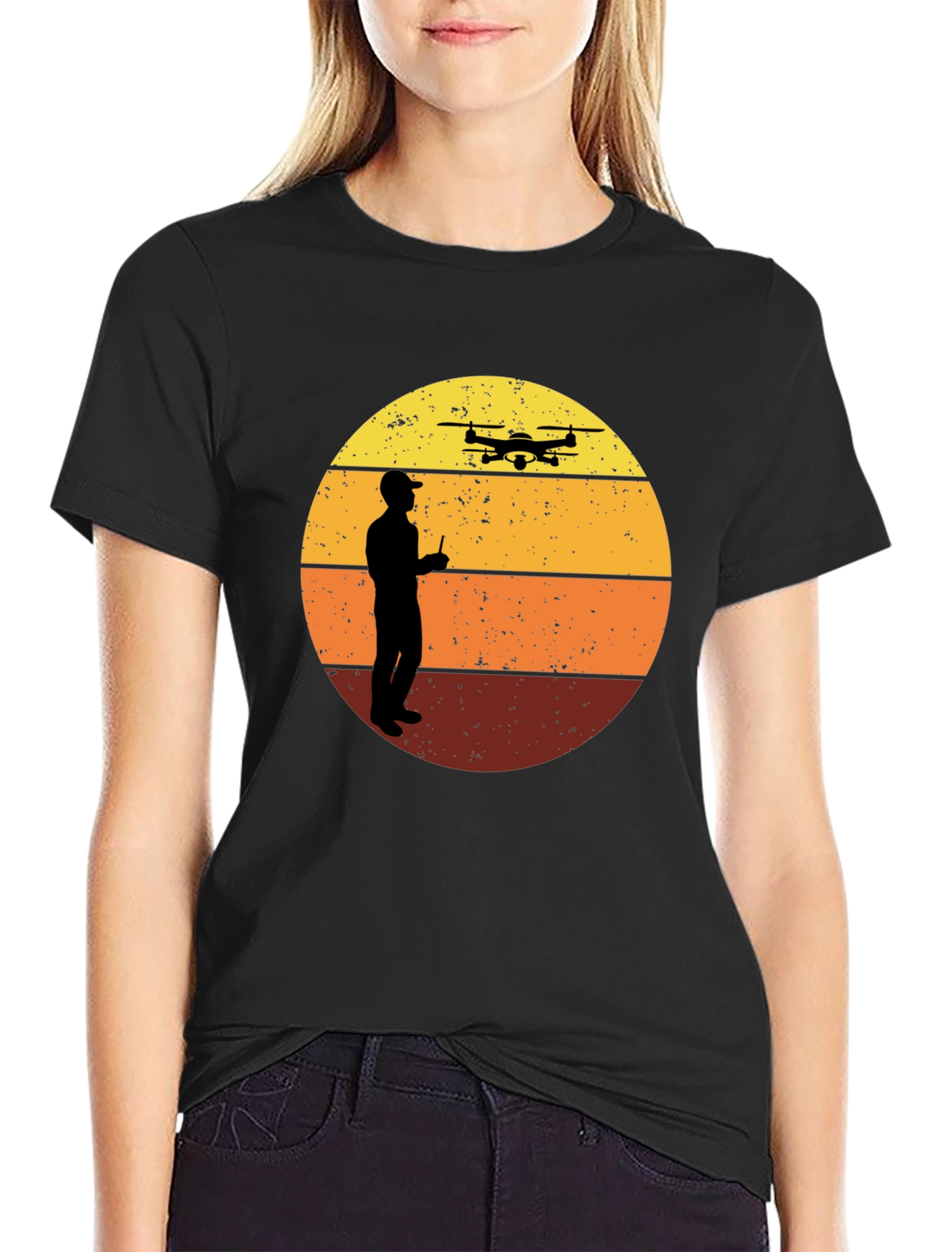 Retro Drone Pilot Graphic Tee - Black Crew Neck