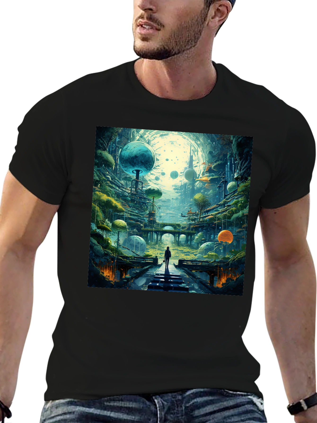 Sci-Fi Cityscape Black T-Shirt