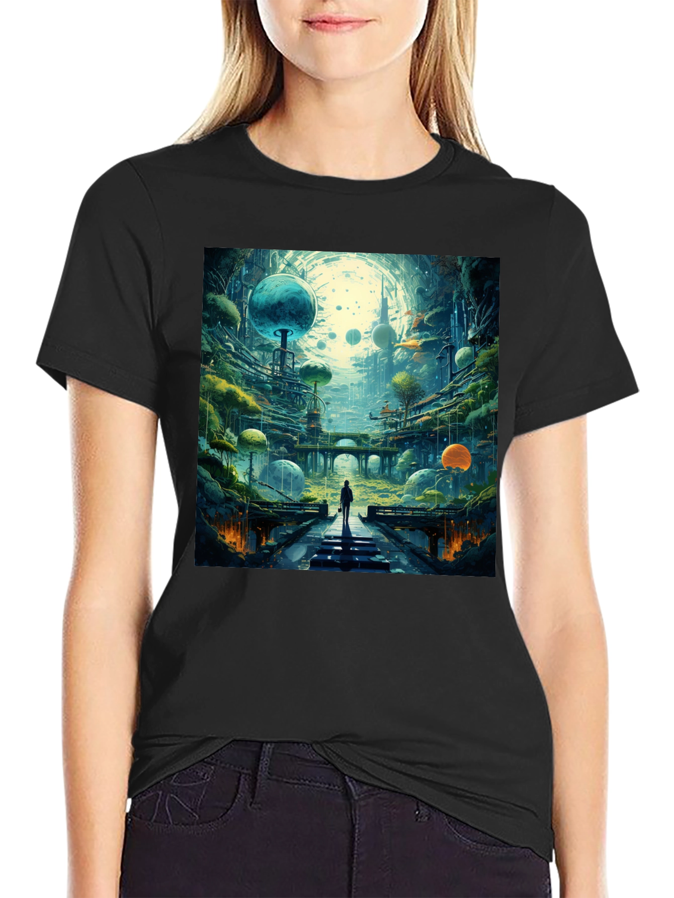 Sci-Fi Cityscape Black T-Shirt