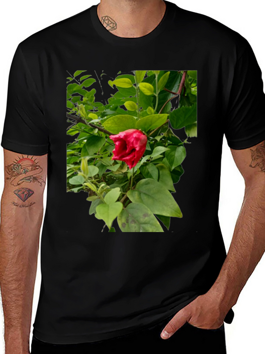 Red Hibiscus Floral Print Black T-Shirt