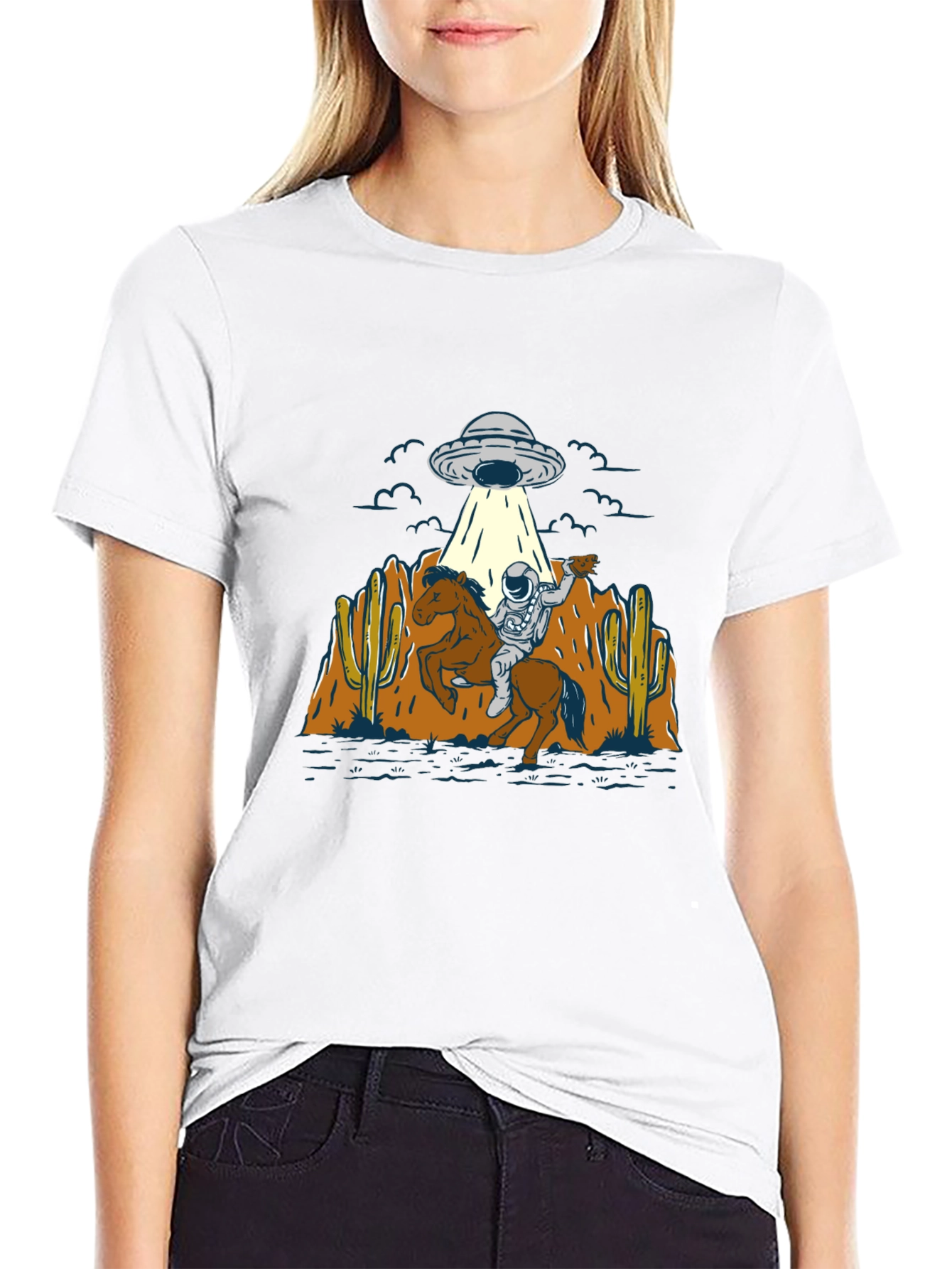 Astronaut Cowboy UFO T-Shirt - Black Cotton Tee