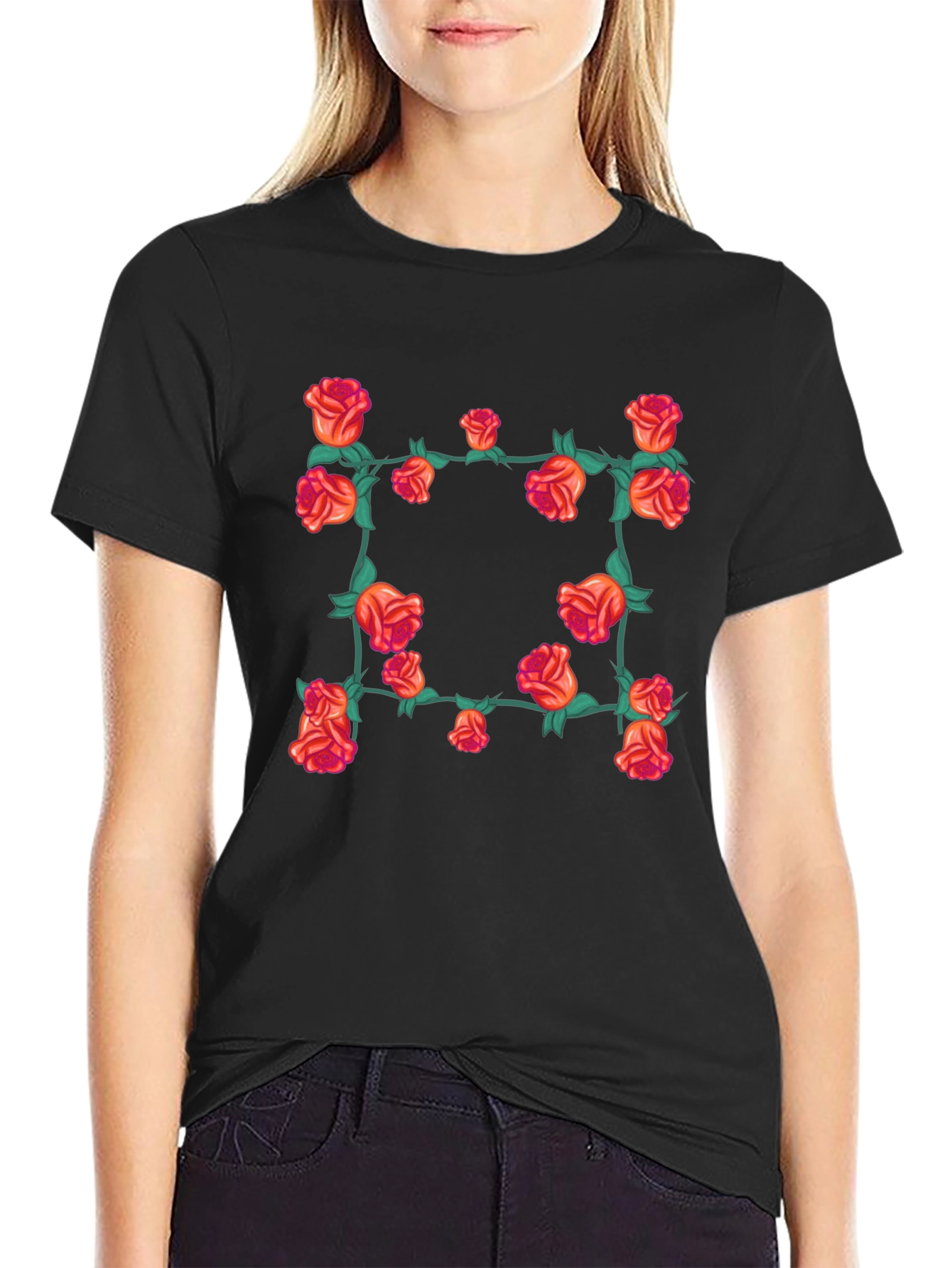 Floral Rose Vine T-Shirt - Black