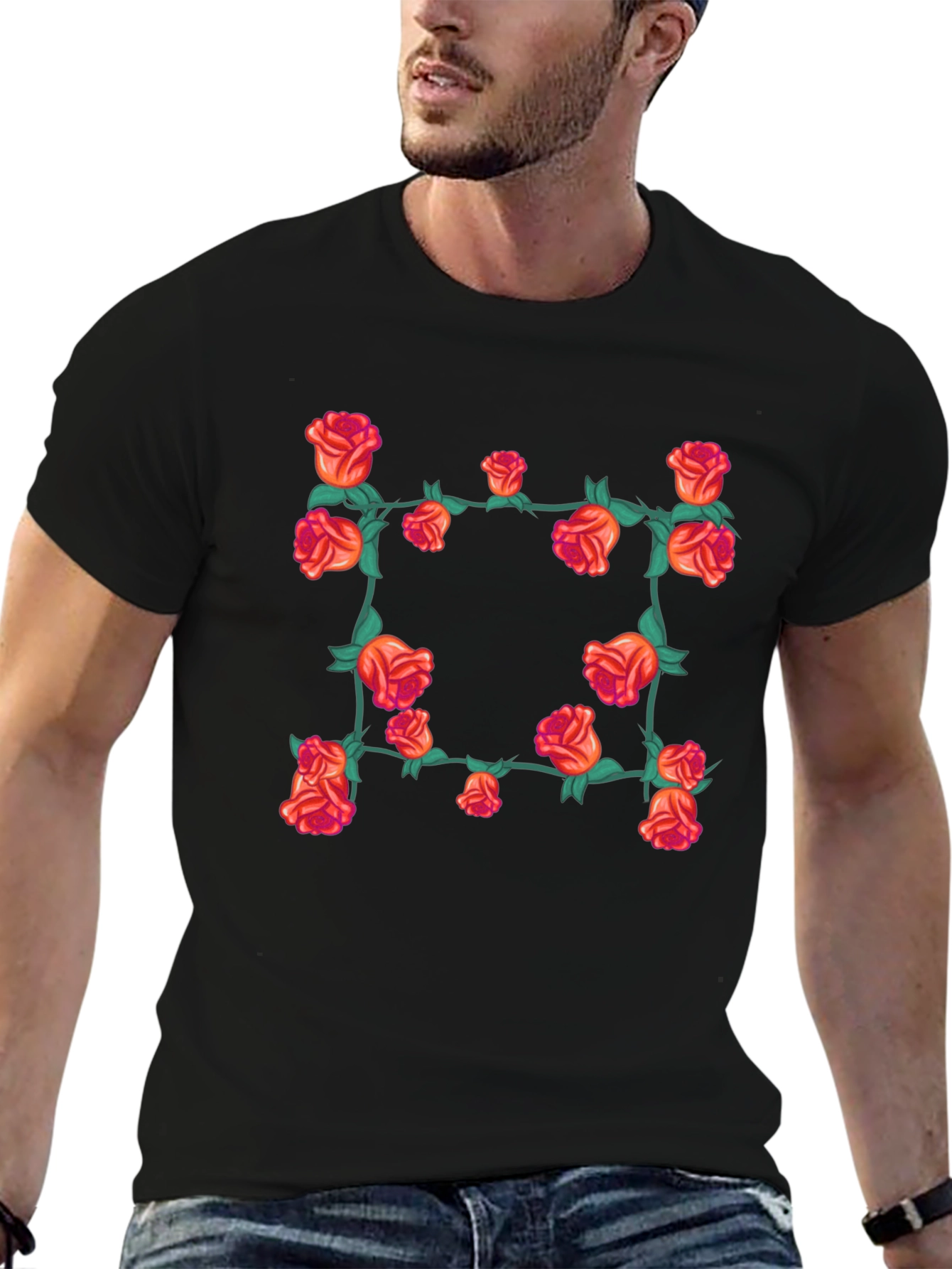 Floral Rose Vine T-Shirt - Black