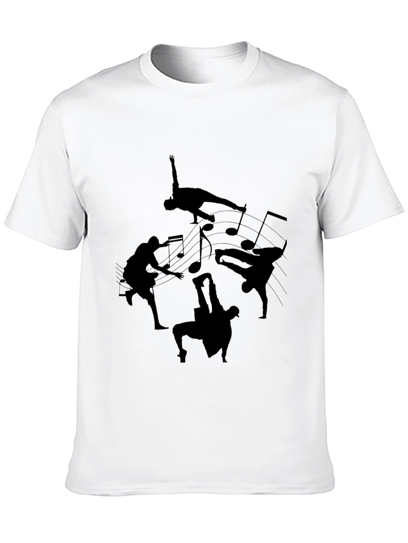Black T-Shirt with Dance Silhouettes & Music Notes Design