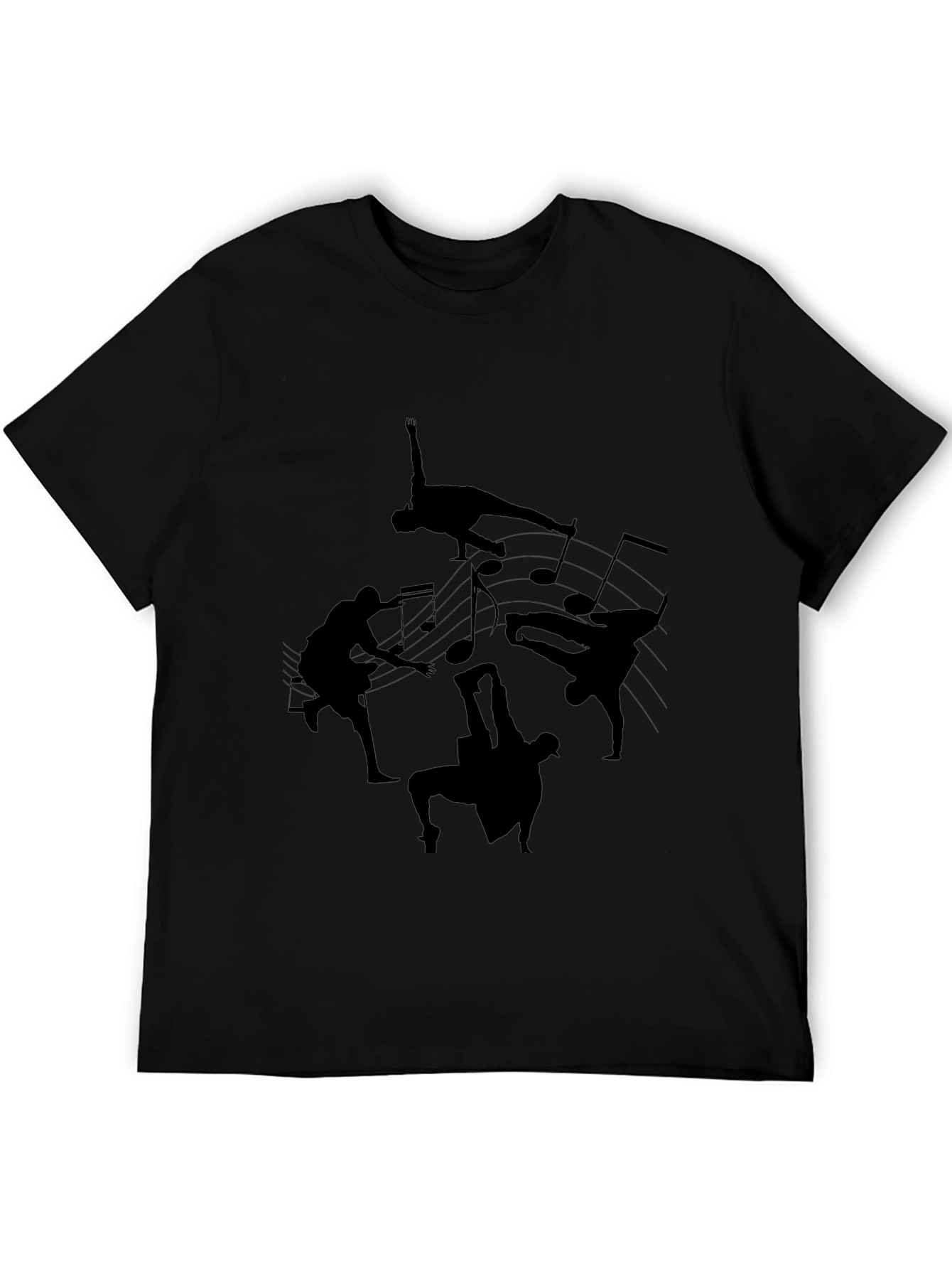 Black T-Shirt with Dance Silhouettes & Music Notes Design