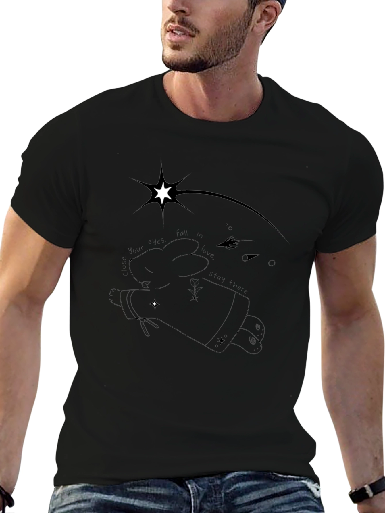 Mens Black Graphic Tee - Quirky Star Design