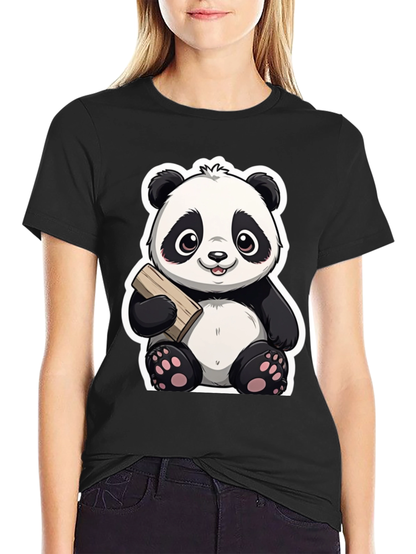 Cute Panda Bear Graphic Tee - Black